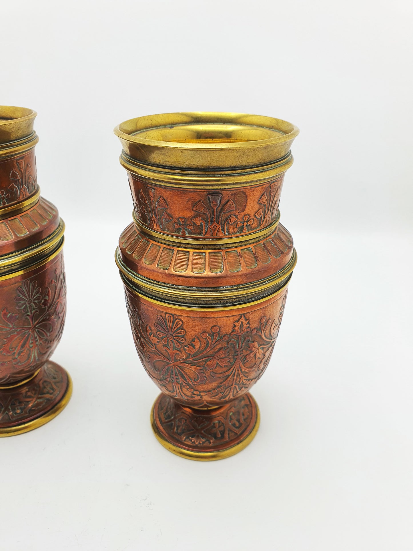 Gorgeous Pair of Antique French Copper & Brass Urns with Chased Floral Decoration – circa 1900