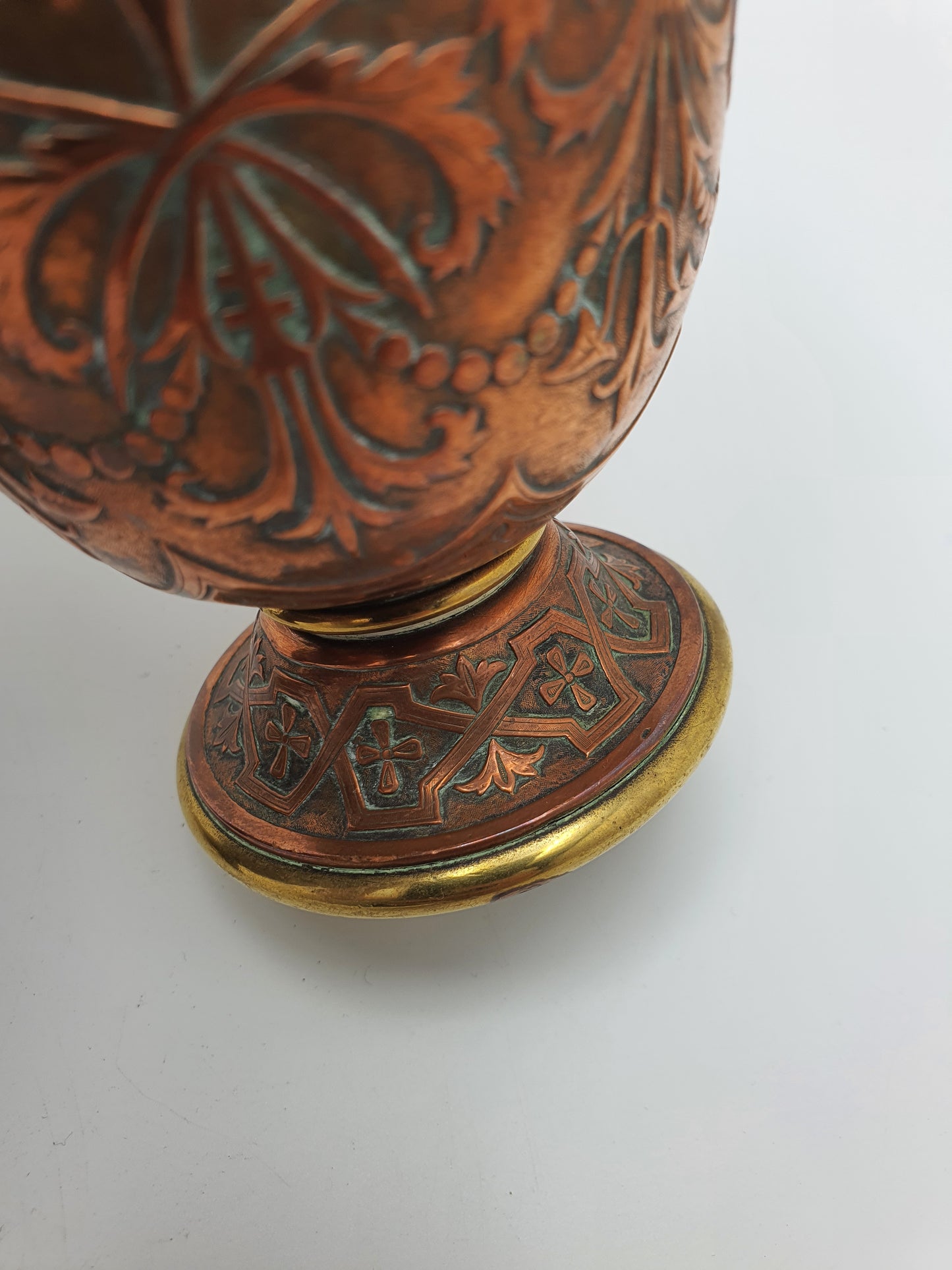 Gorgeous Pair of Antique French Copper & Brass Urns with Chased Floral Decoration – circa 1900