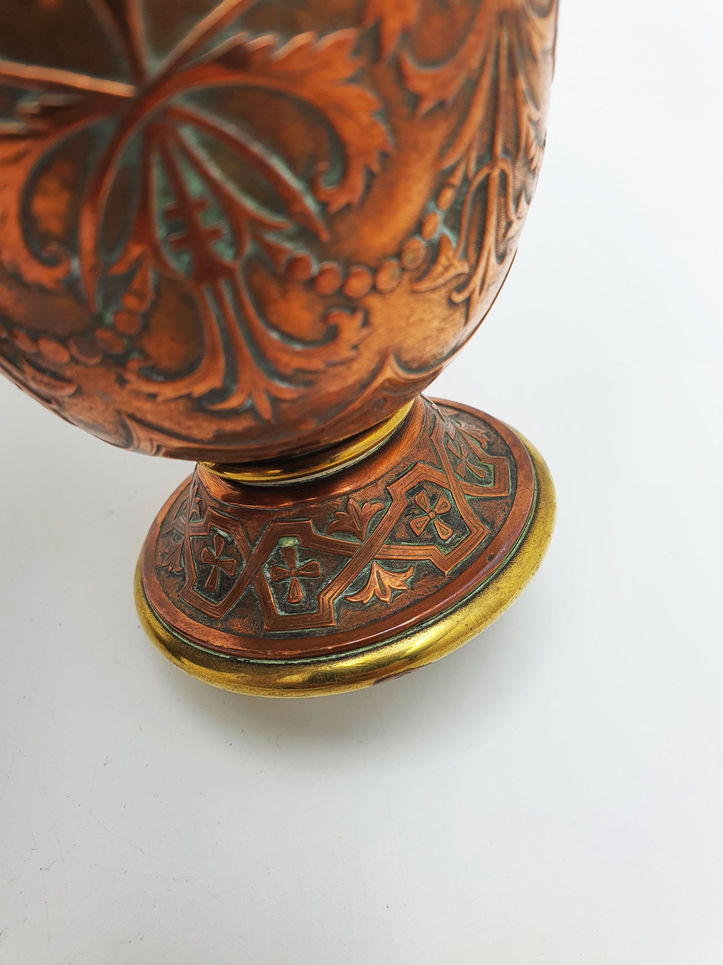 Gorgeous Pair of Antique French Copper & Brass Urns with Chased Floral Decoration – circa 1900