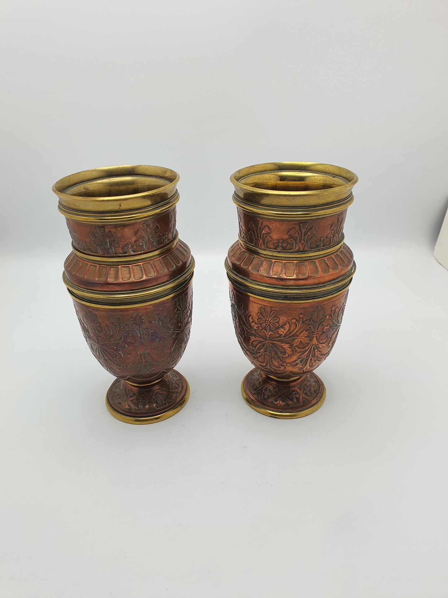 Gorgeous Pair of Antique French Copper & Brass Urns with Chased Floral Decoration – circa 1900