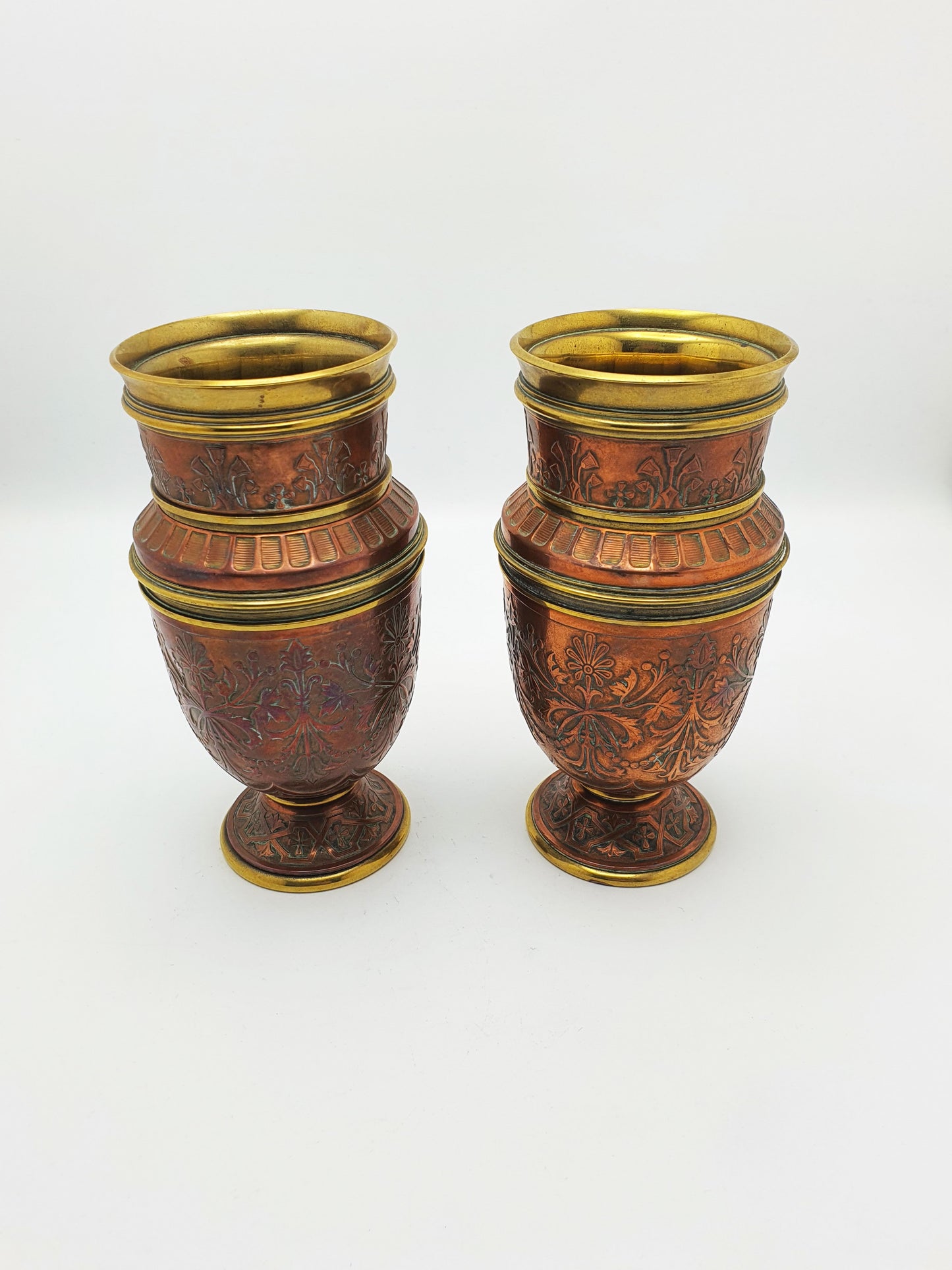 Gorgeous Pair of Antique French Copper & Brass Urns with Chased Floral Decoration – circa 1900