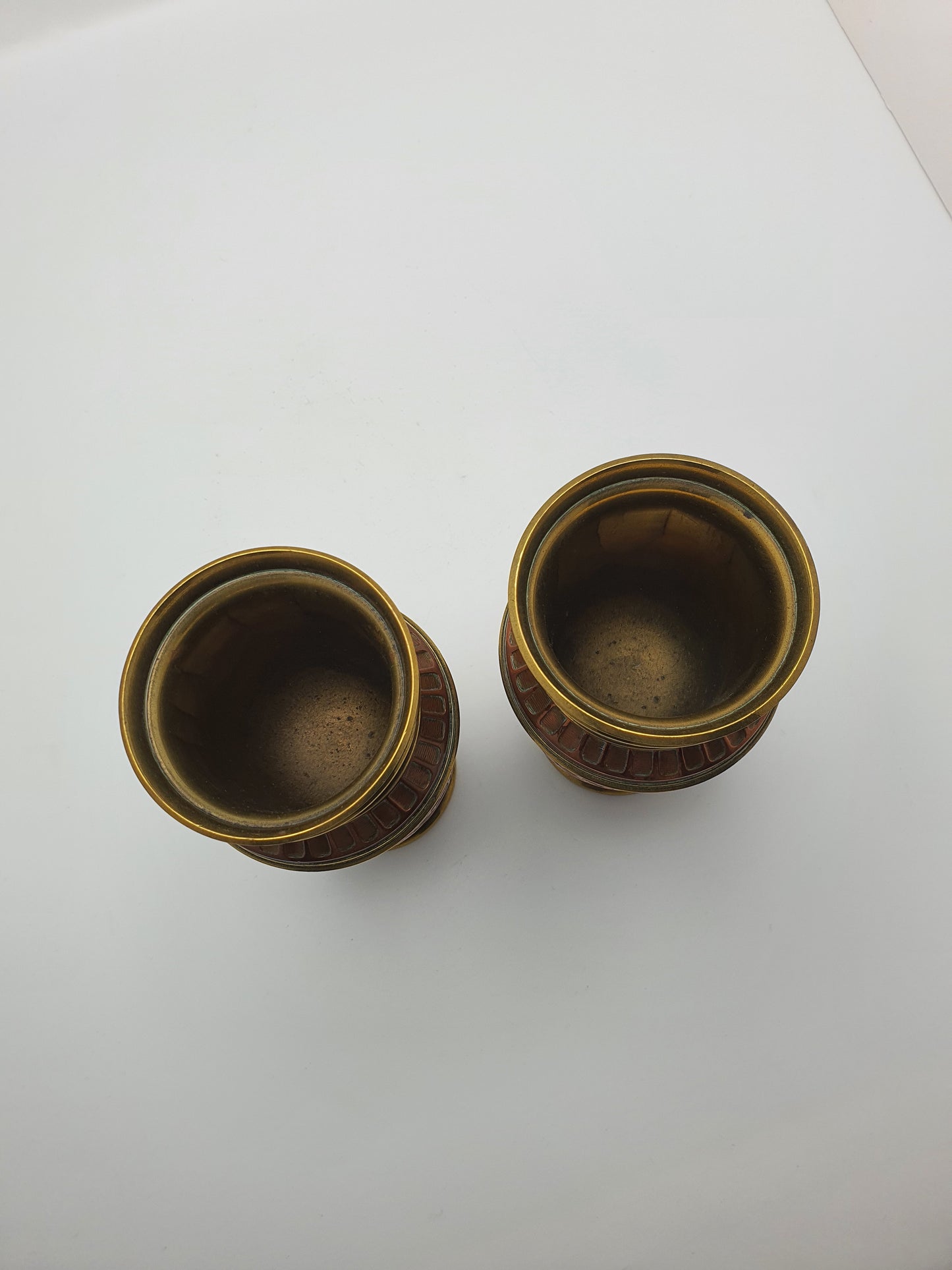 Gorgeous Pair of Antique French Copper & Brass Urns with Chased Floral Decoration – circa 1900