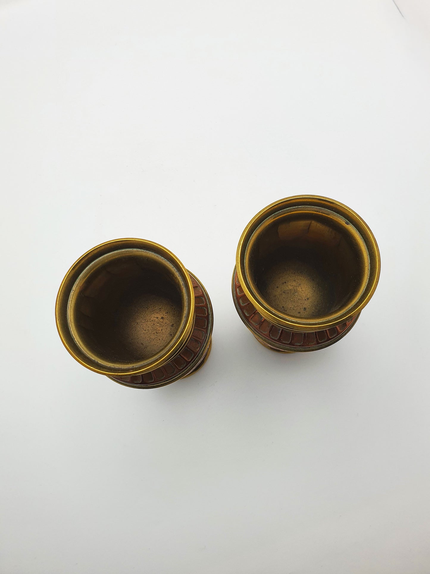 Gorgeous Pair of Antique French Copper & Brass Urns with Chased Floral Decoration – circa 1900