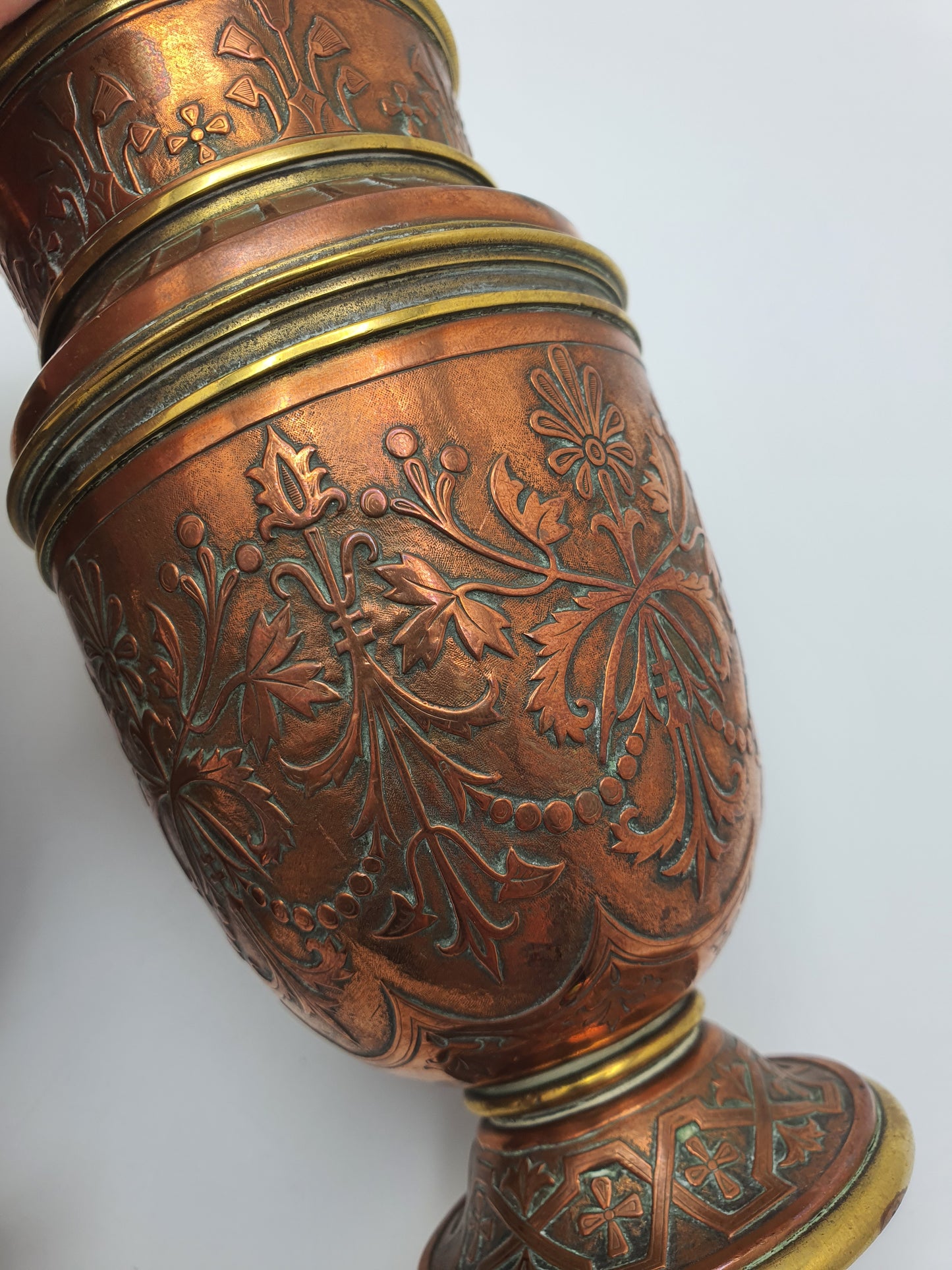 Gorgeous Pair of Antique French Copper & Brass Urns with Chased Floral Decoration – circa 1900