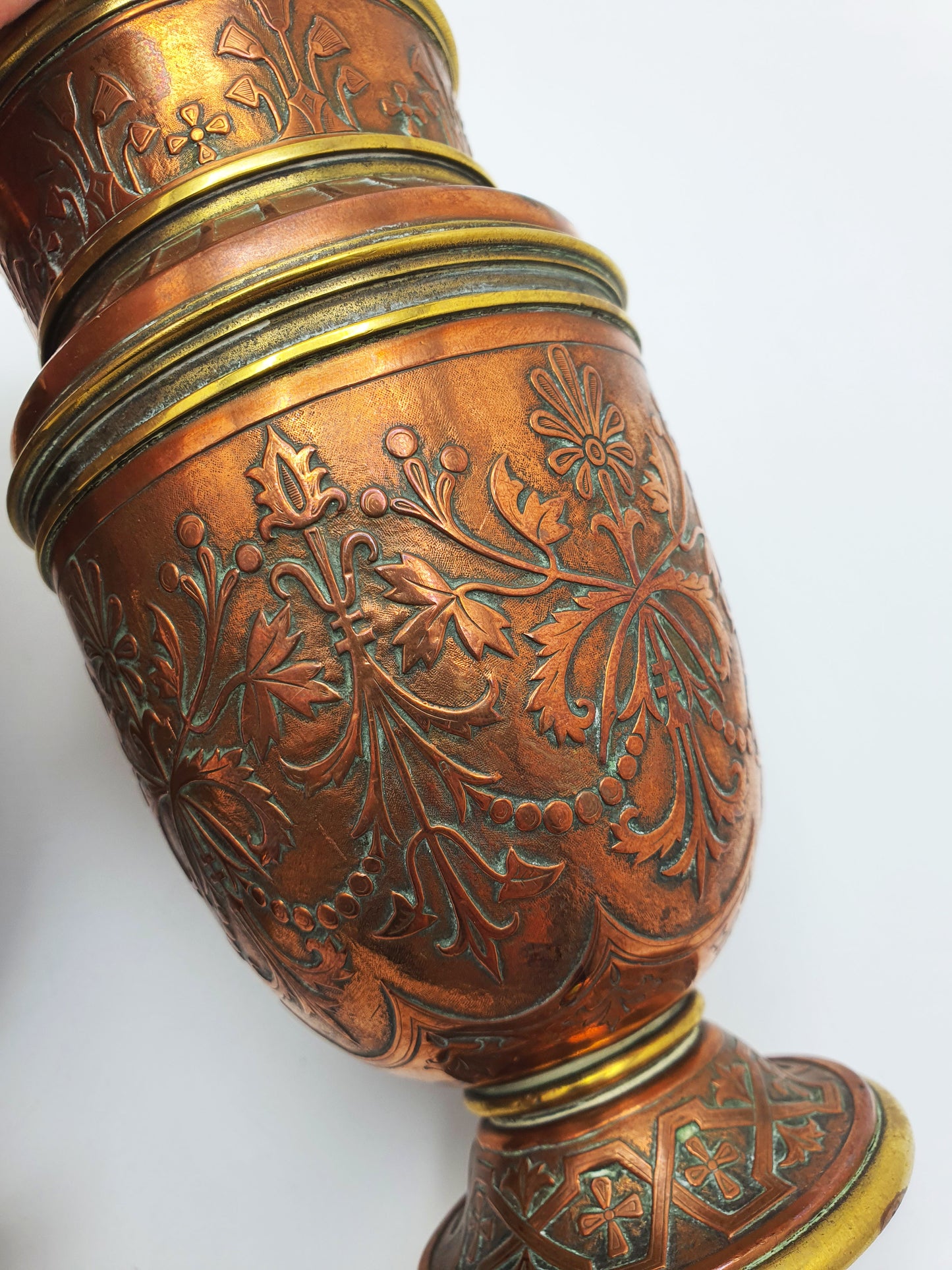Gorgeous Pair of Antique French Copper & Brass Urns with Chased Floral Decoration – circa 1900