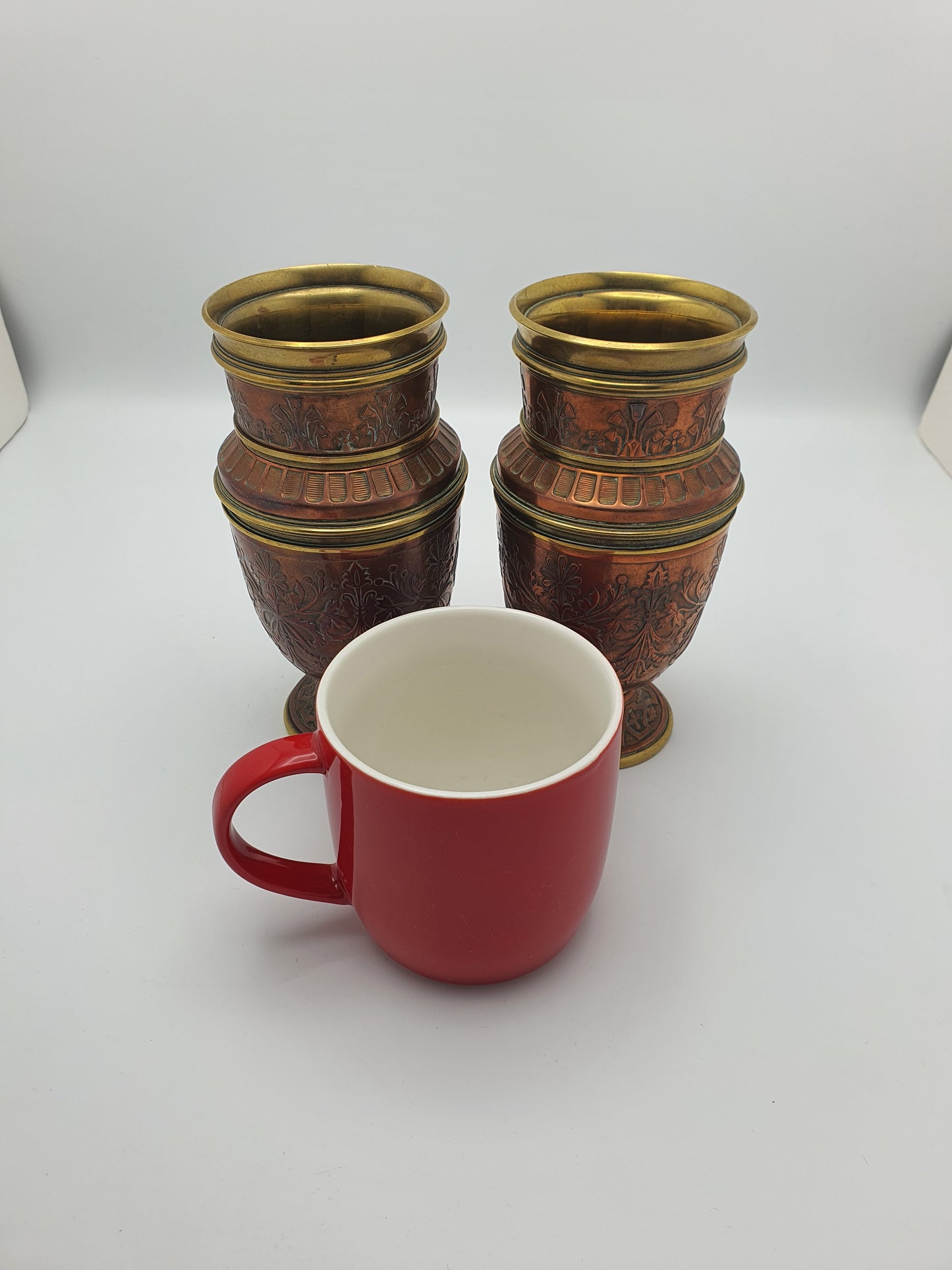 Gorgeous Pair of Antique French Copper & Brass Urns with Chased Floral Decoration – circa 1900