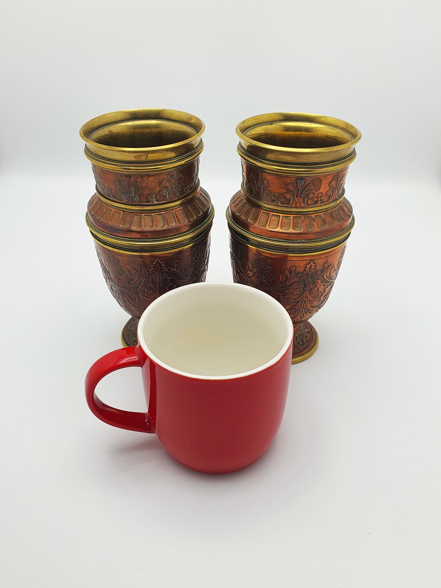 Gorgeous Pair of Antique French Copper & Brass Urns with Chased Floral Decoration – circa 1900