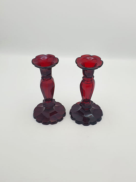 Pair of Antique Continental Ruby Red Cut Glass Candlesticks – circa 1880