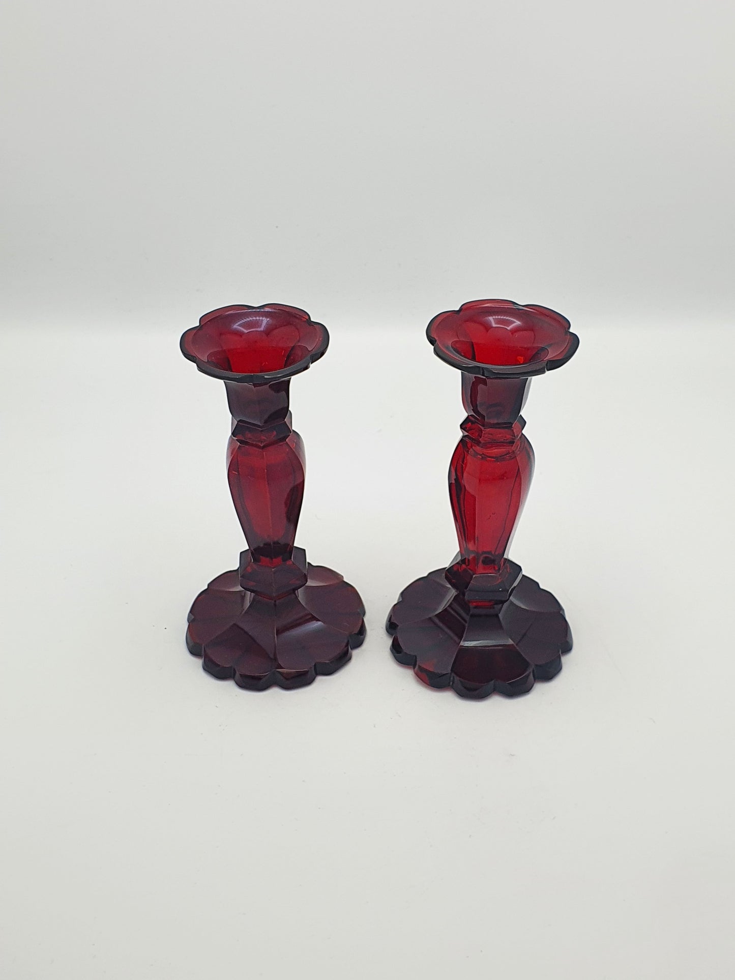 Pair of Antique Continental Ruby Red Cut Glass Candlesticks – circa 1880
