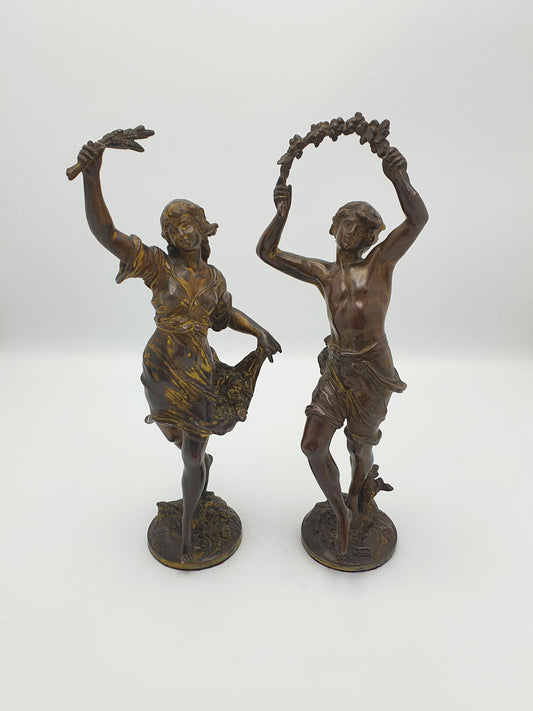 Lovely Pair of Antique French Bronze Harvest Dancers Figurines - circa 1900