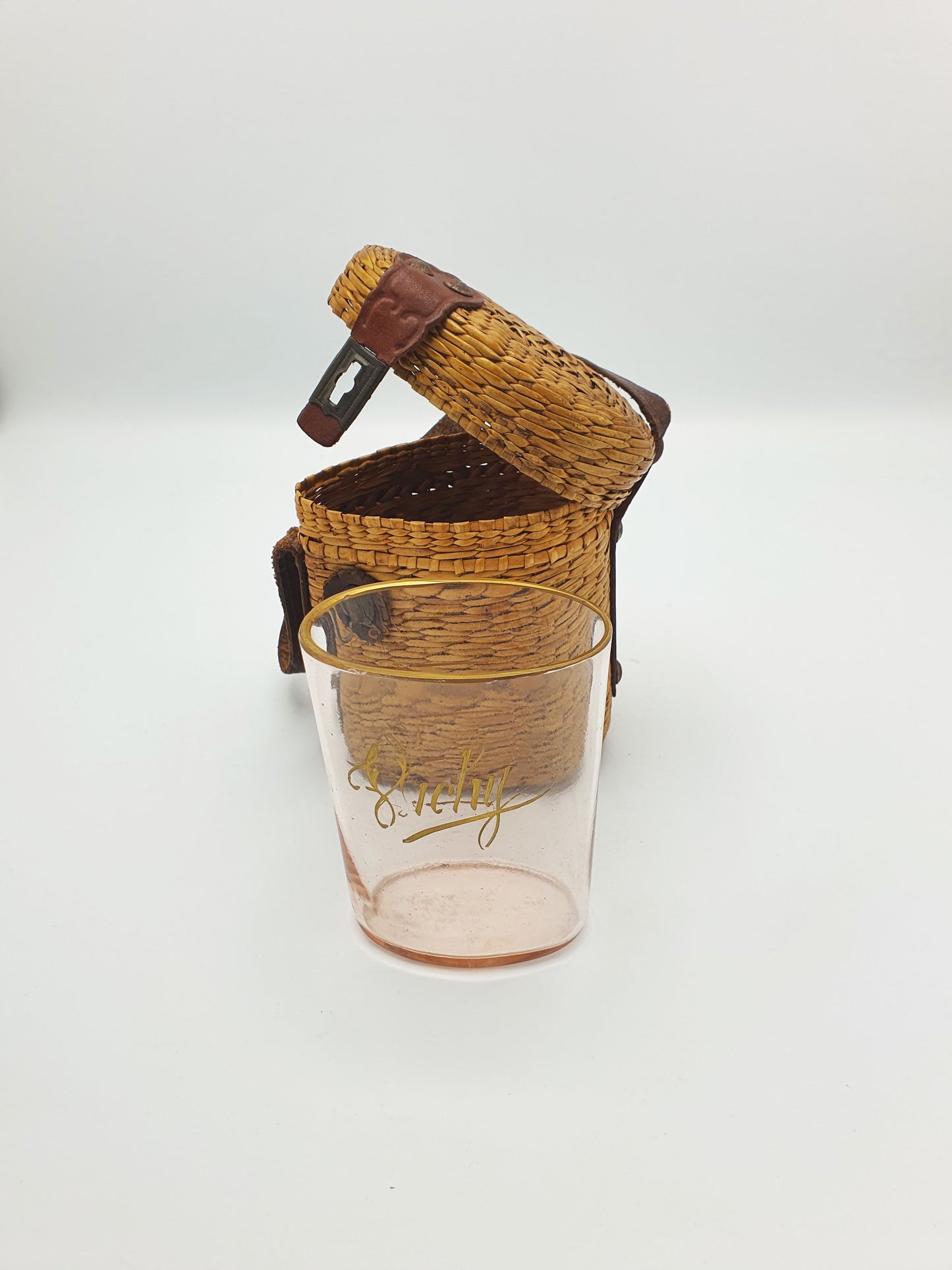 Rare Antique French Vichy Glass with Original Woven Straw & Leather Case – circa 1900