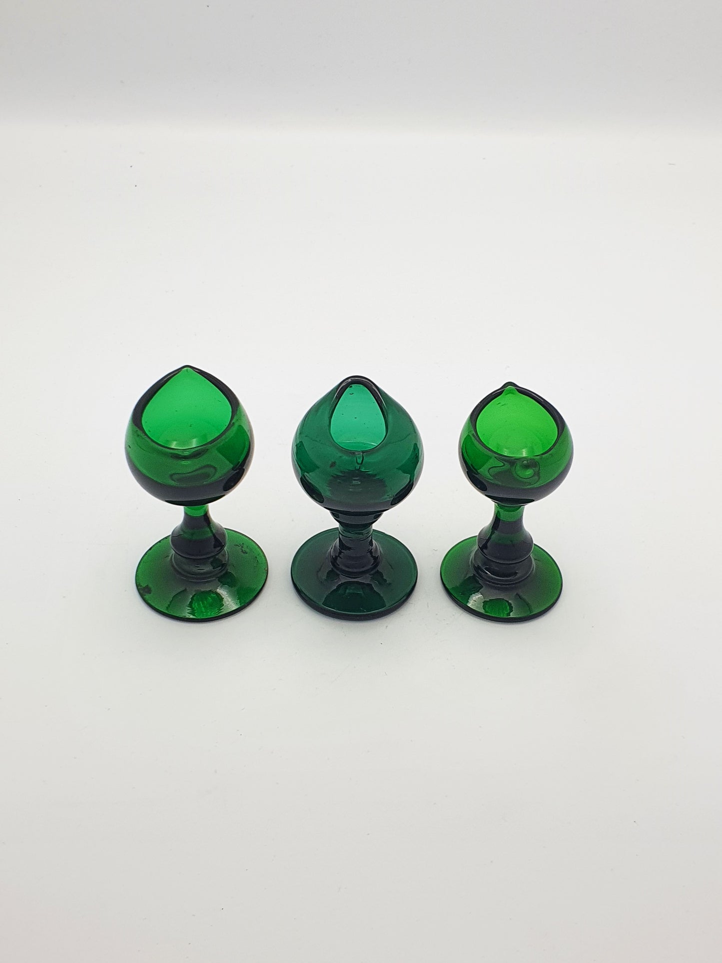 Lovely Collection of 3 Antique Victorian Bristol Green Glass Pedestal Eye Baths – circa 1860