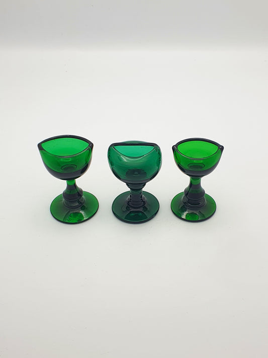 Lovely Collection of 3 Antique Victorian Bristol Green Glass Pedestal Eye Baths – circa 1860