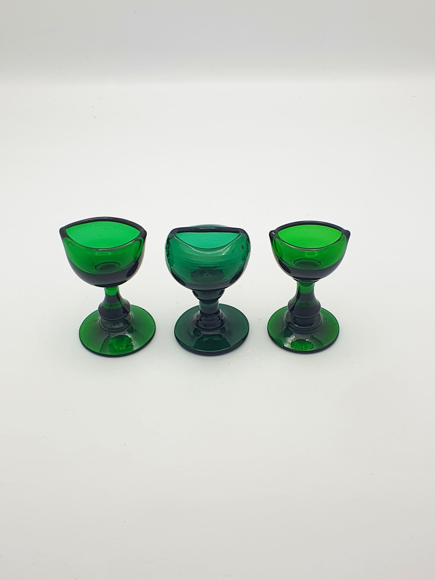 Lovely Collection of 3 Antique Victorian Bristol Green Glass Pedestal Eye Baths – circa 1860