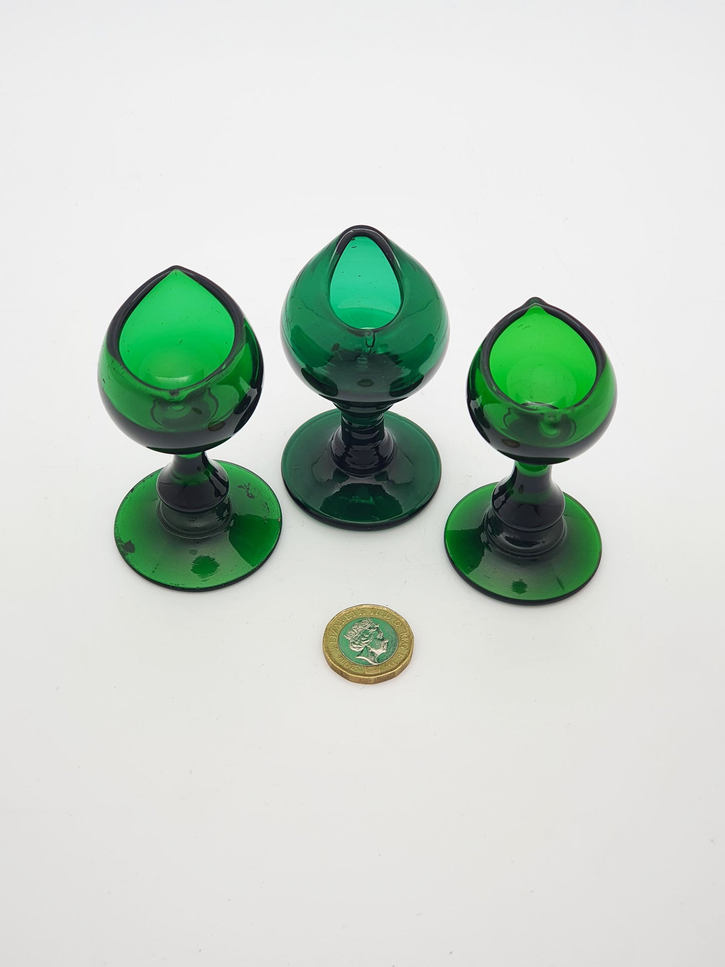 Lovely Collection of 3 Antique Victorian Bristol Green Glass Pedestal Eye Baths – circa 1860