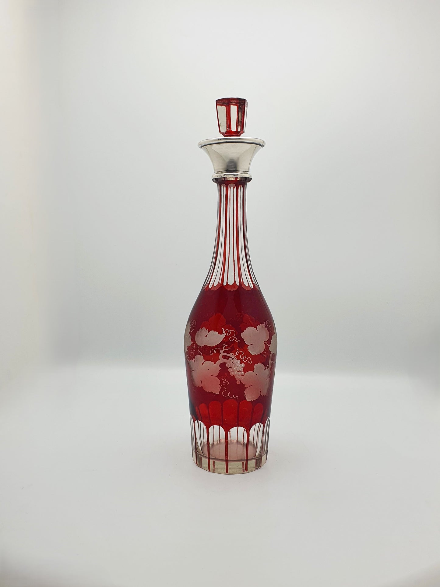 Lovely Bohemian Ruby Cut-to-Clear Decanter with Silver Collar – circa 1900