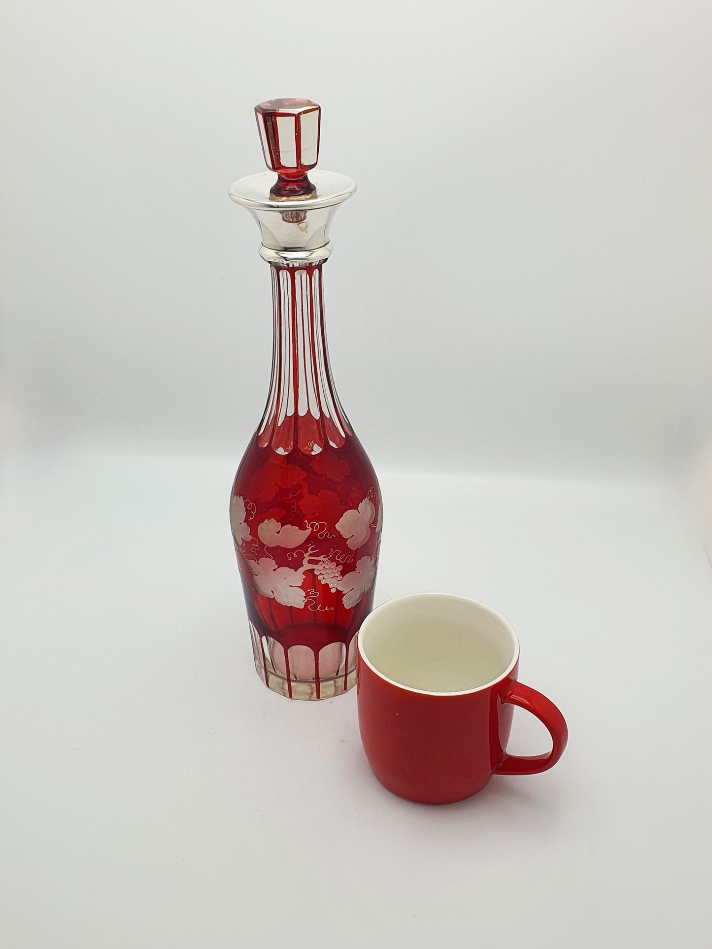 Lovely Bohemian Ruby Cut-to-Clear Decanter with Silver Collar – circa 1900