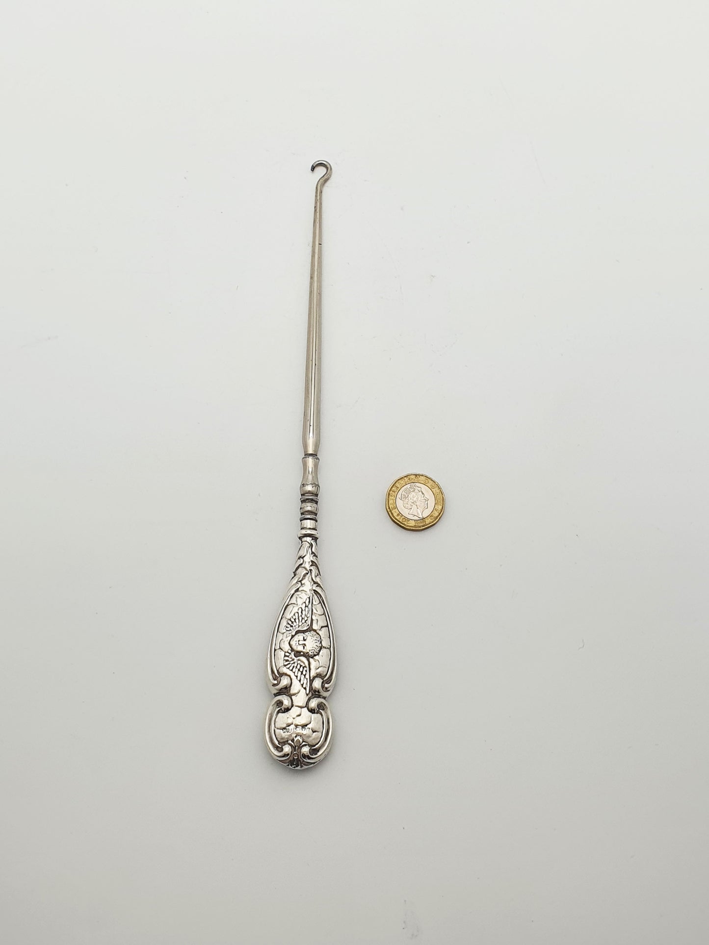 Lovely Antique Edwardian Sterling Silver Button Hook with Cherub Motif - 1905