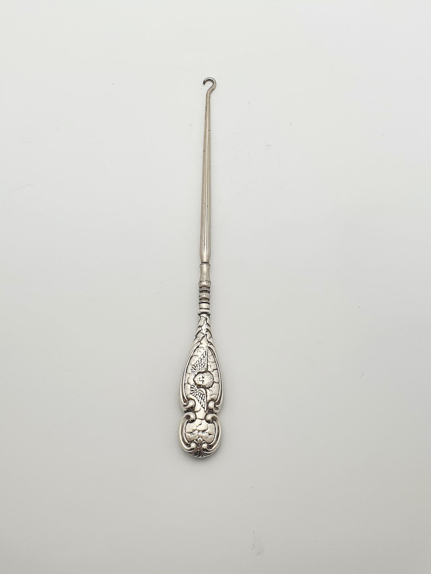 Lovely Antique Edwardian Sterling Silver Button Hook with Cherub Motif - 1905
