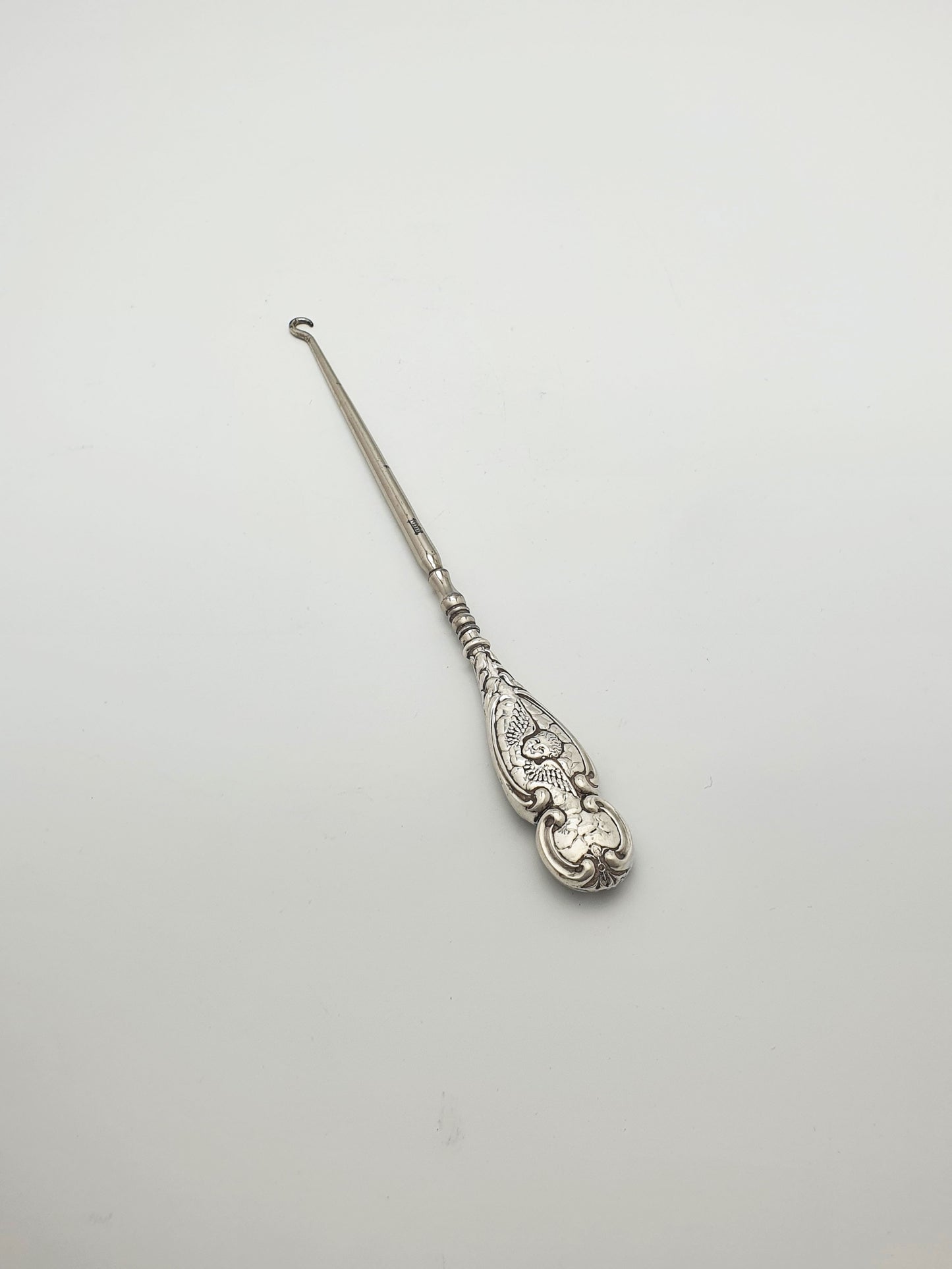 Lovely Antique Edwardian Sterling Silver Button Hook with Cherub Motif - 1905