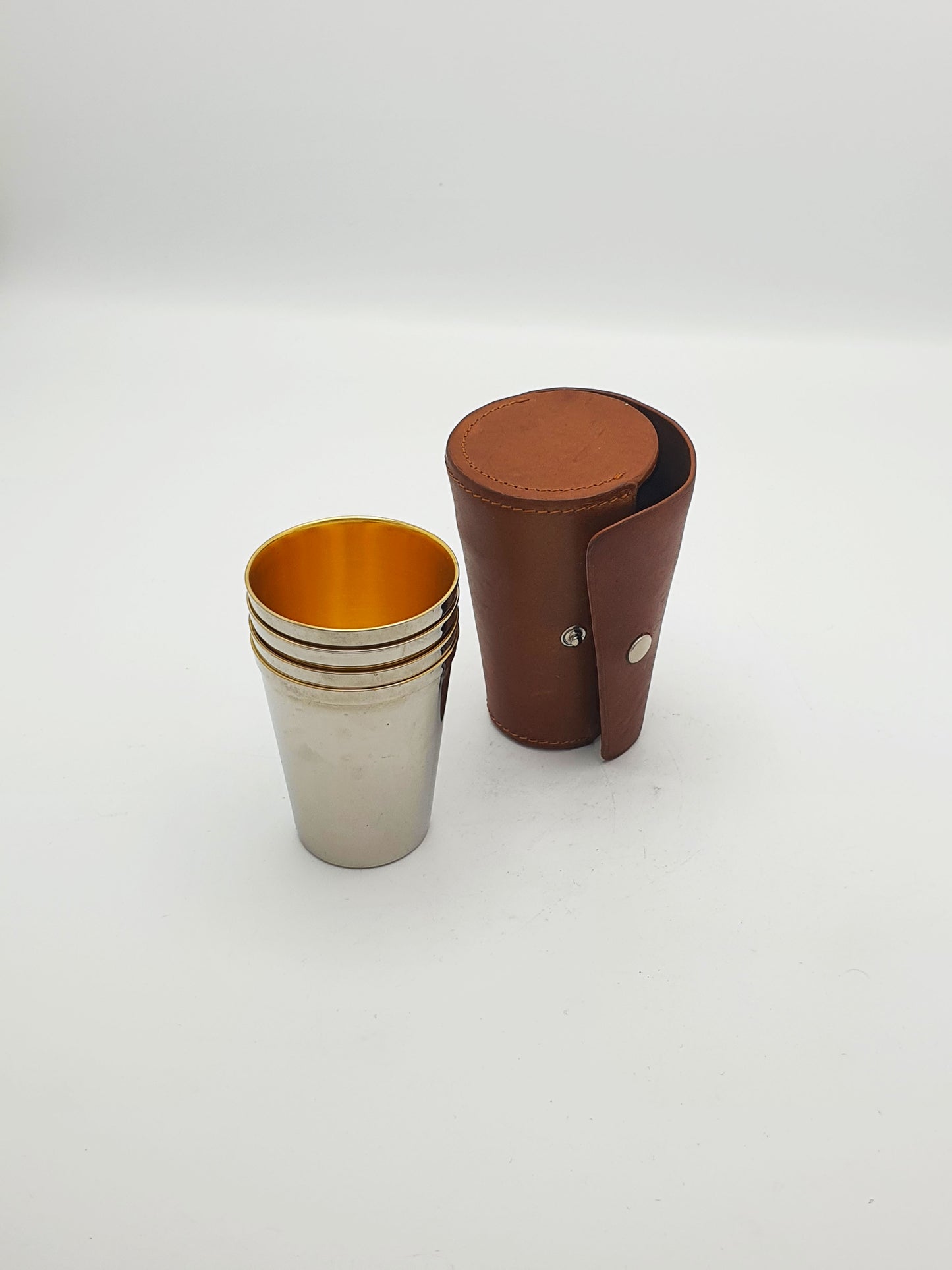 Excellent Vintage Set of Four Silver-Plated Travel Tumblers in Leather Case – circa 1930