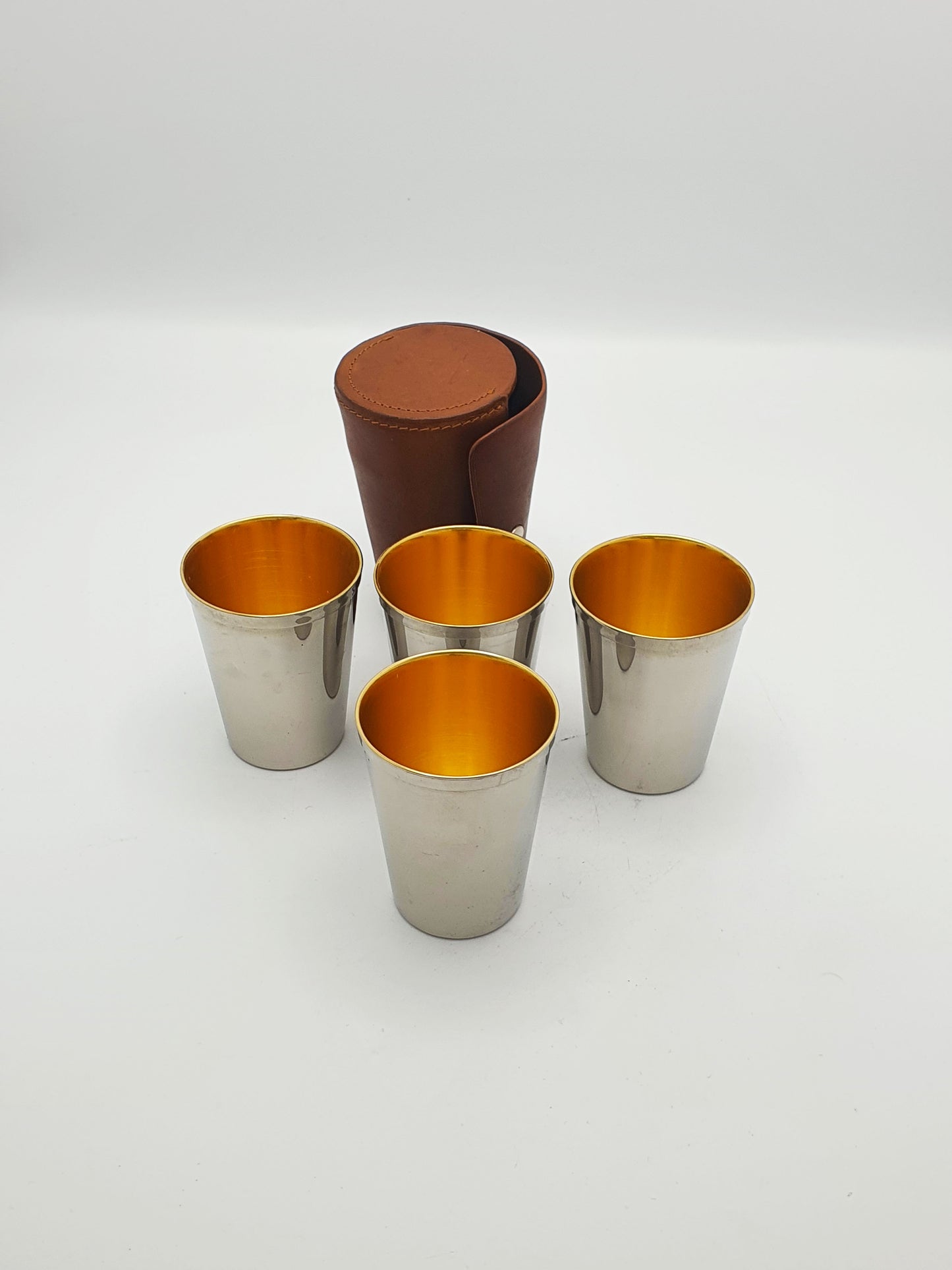 Excellent Vintage Set of Four Silver-Plated Travel Tumblers in Leather Case – circa 1930