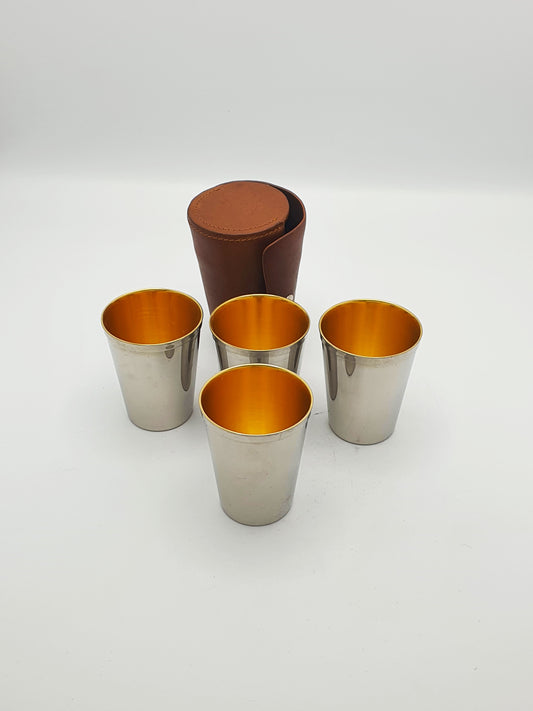 Excellent Vintage Set of Four Silver-Plated Travel Tumblers in Leather Case – circa 1930