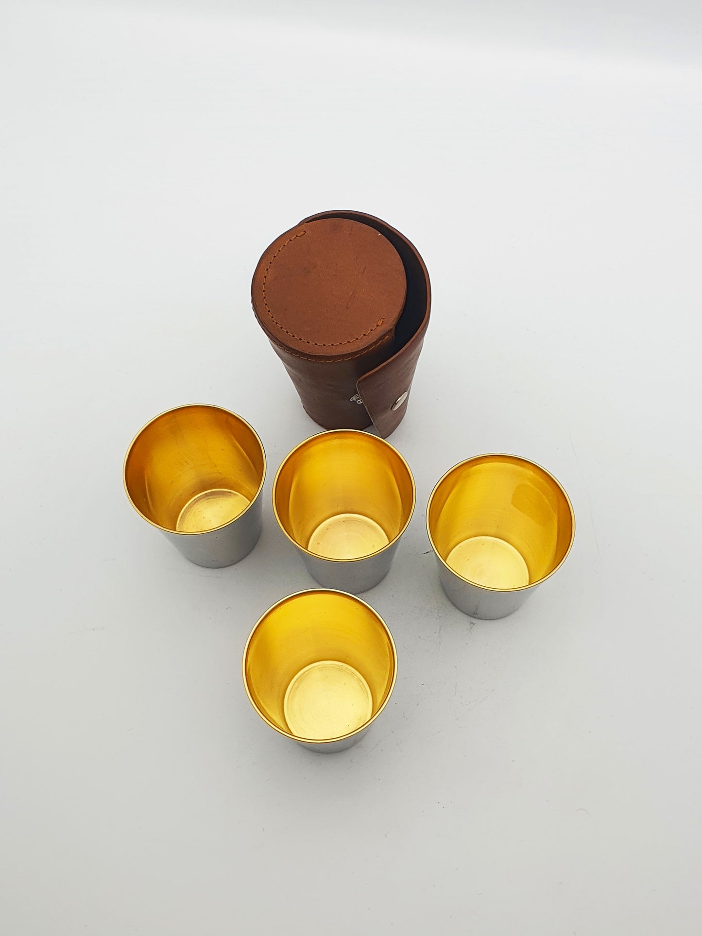 Excellent Vintage Set of Four Silver-Plated Travel Tumblers in Leather Case – circa 1930