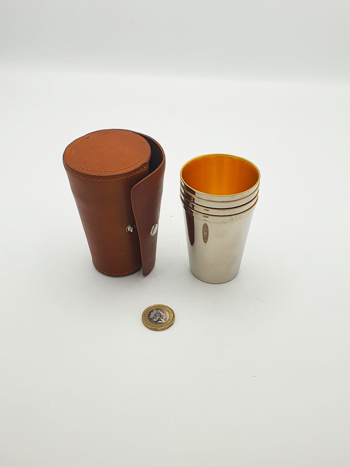 Excellent Vintage Set of Four Silver-Plated Travel Tumblers in Leather Case – circa 1930