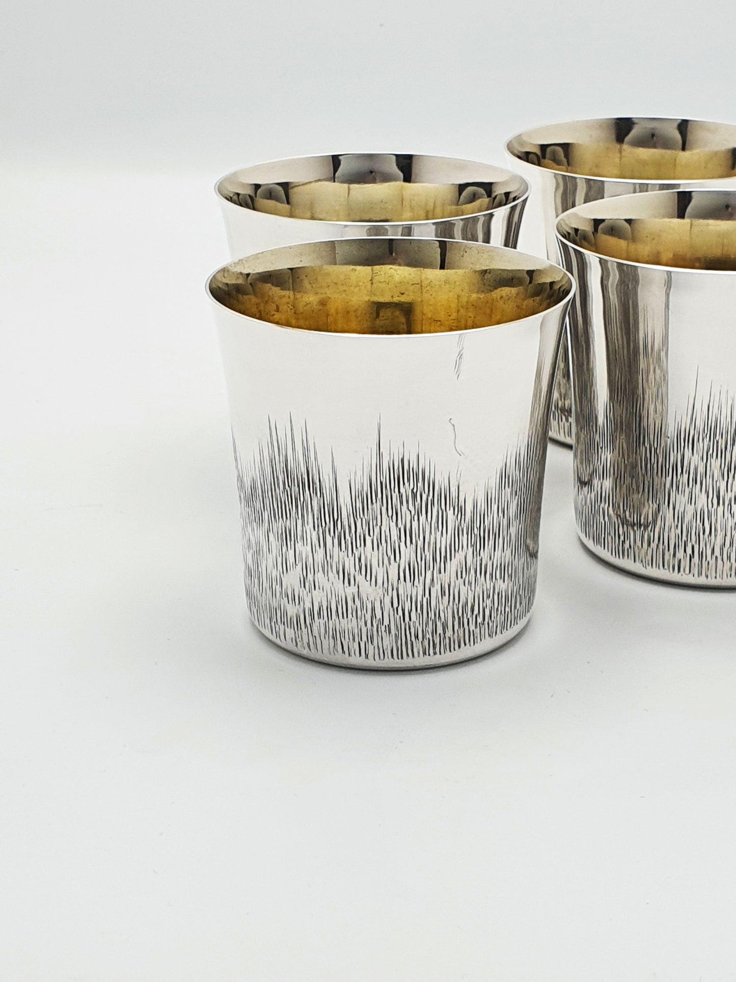 Stunning Set of 4 Silver Plate Tumblers with Gilt Interiors – circa 1970