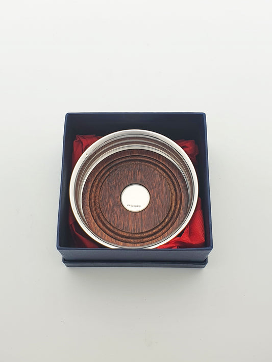 Elizabeth II Sterling Silver Wine Bottle Coaster With Turned Mahogany Base - 2000