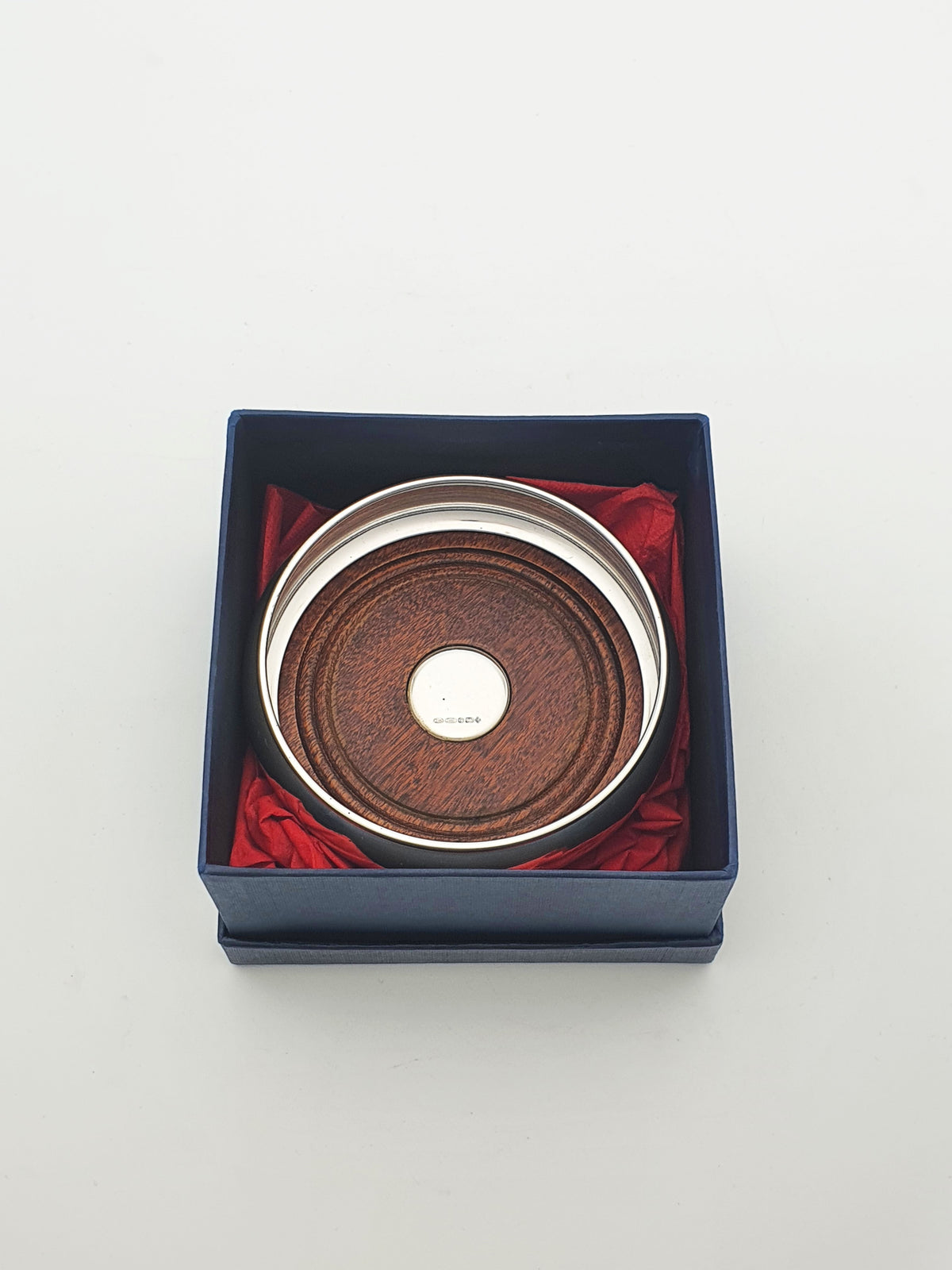 Elizabeth II Sterling Silver Wine Bottle Coaster With Turned Mahogany Base - 2000