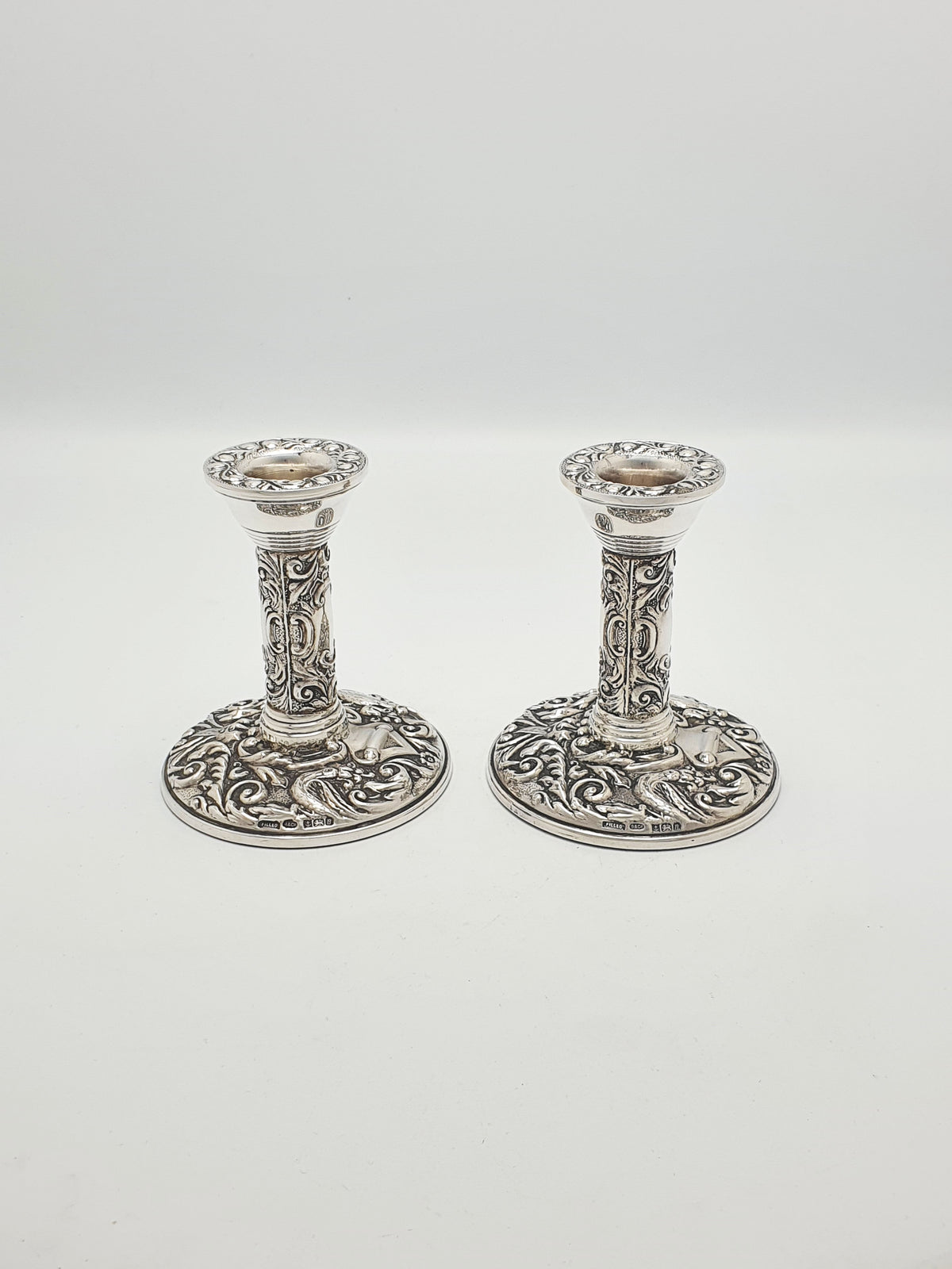 Stunning Pair of Elizabeth II Sterling Silver Repoussé Low Candlesticks - 1976