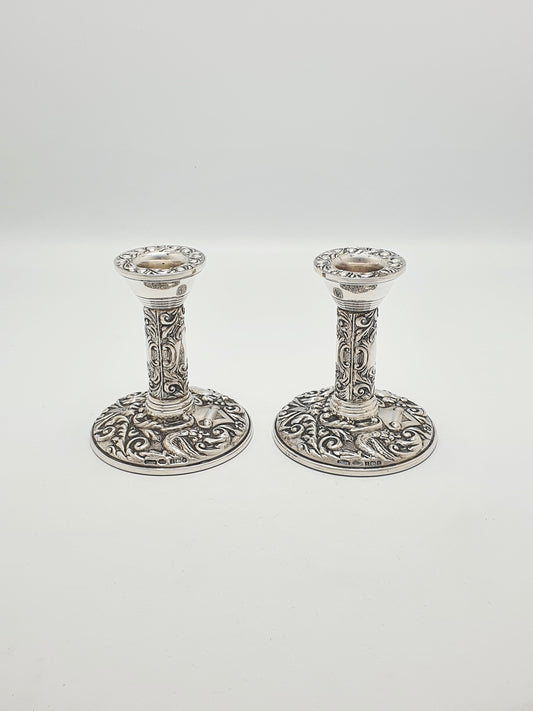 Stunning Pair of Elizabeth II Sterling Silver Repoussé Low Candlesticks - 1976