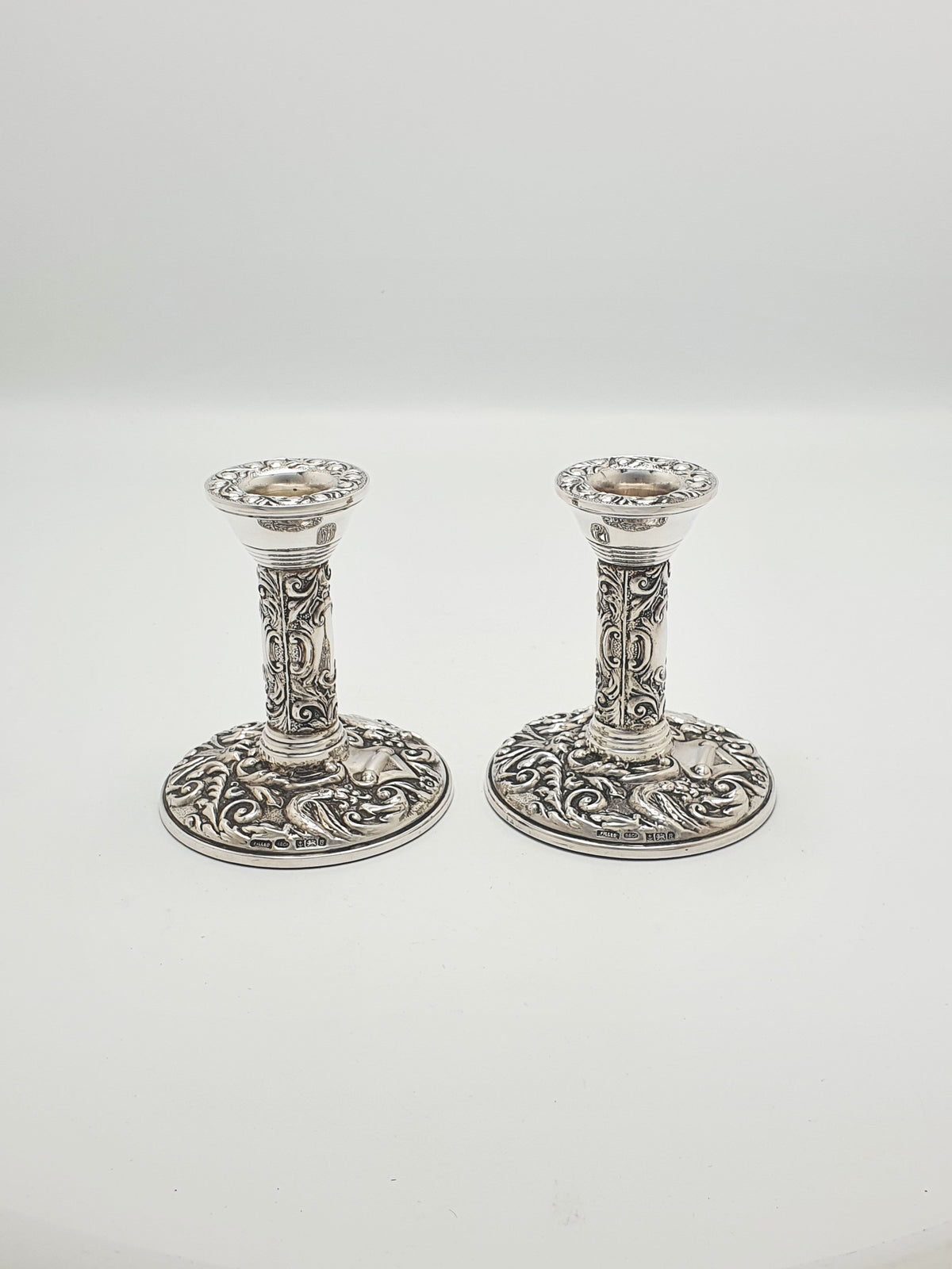 Stunning Pair of Elizabeth II Sterling Silver Repoussé Low Candlesticks - 1976