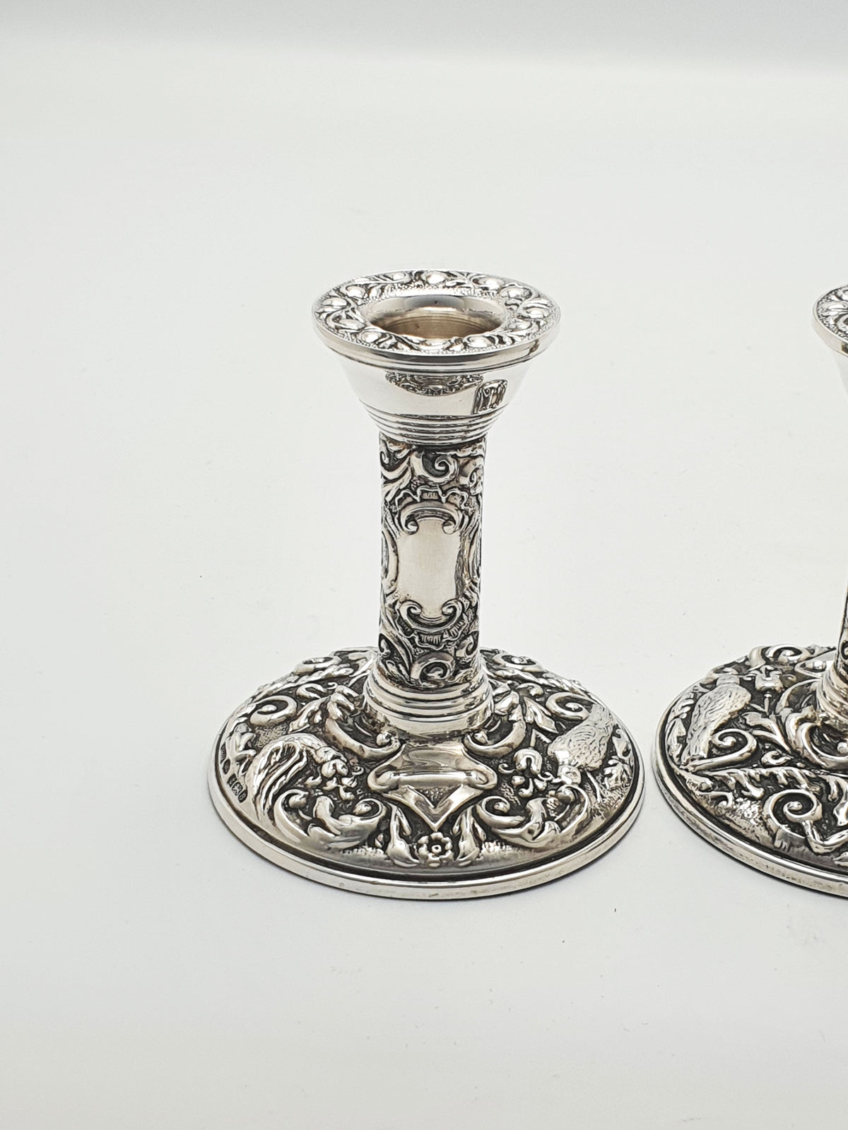 Stunning Pair of Elizabeth II Sterling Silver Repoussé Low Candlesticks - 1976