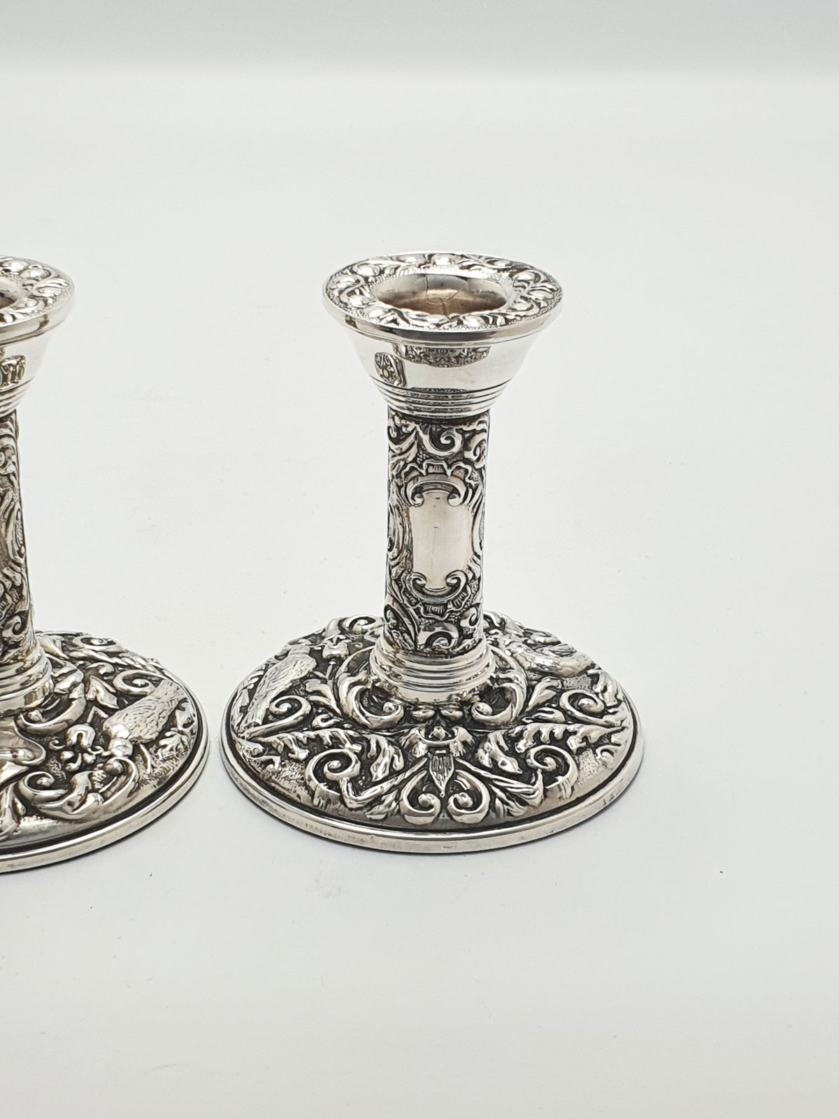 Stunning Pair of Elizabeth II Sterling Silver Repoussé Low Candlesticks - 1976