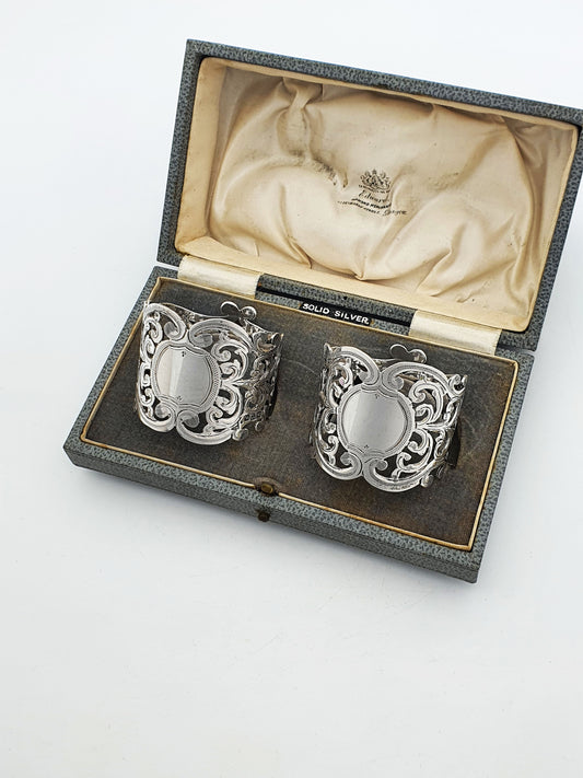 Lovely Pair of Antique Solid Silver Pierced Napkin Rings - 1906