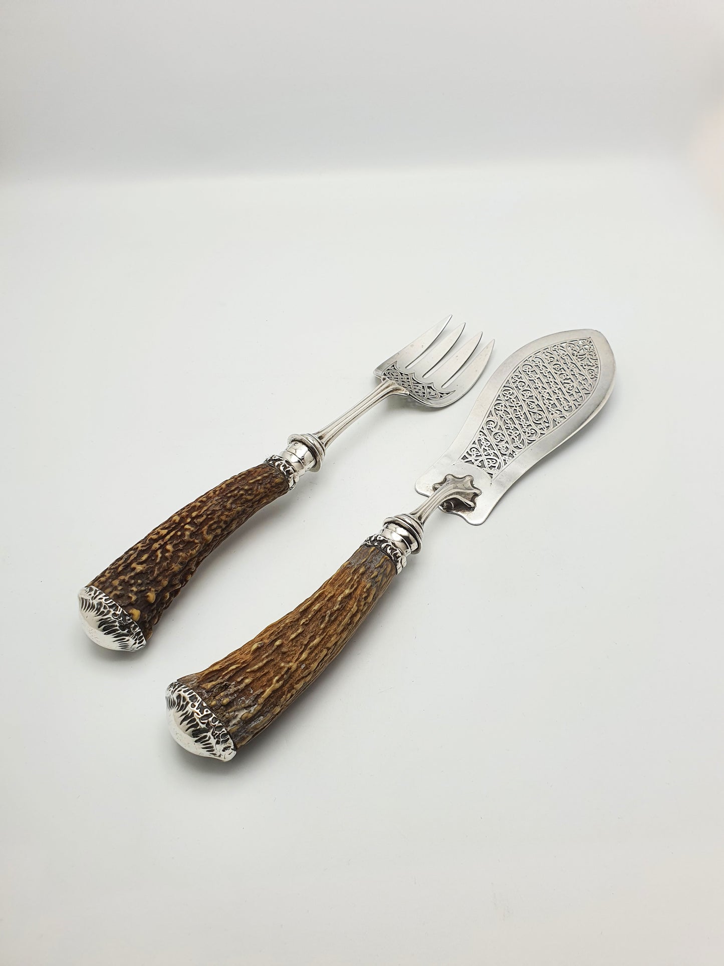 Fabulous Antique Victorian Solid Silver Fish Serving Set with Stag Antler Handles - 1887