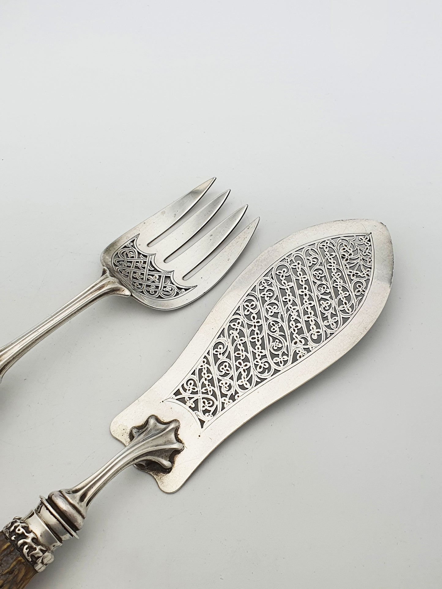 Fabulous Antique Victorian Solid Silver Fish Serving Set with Stag Antler Handles - 1887