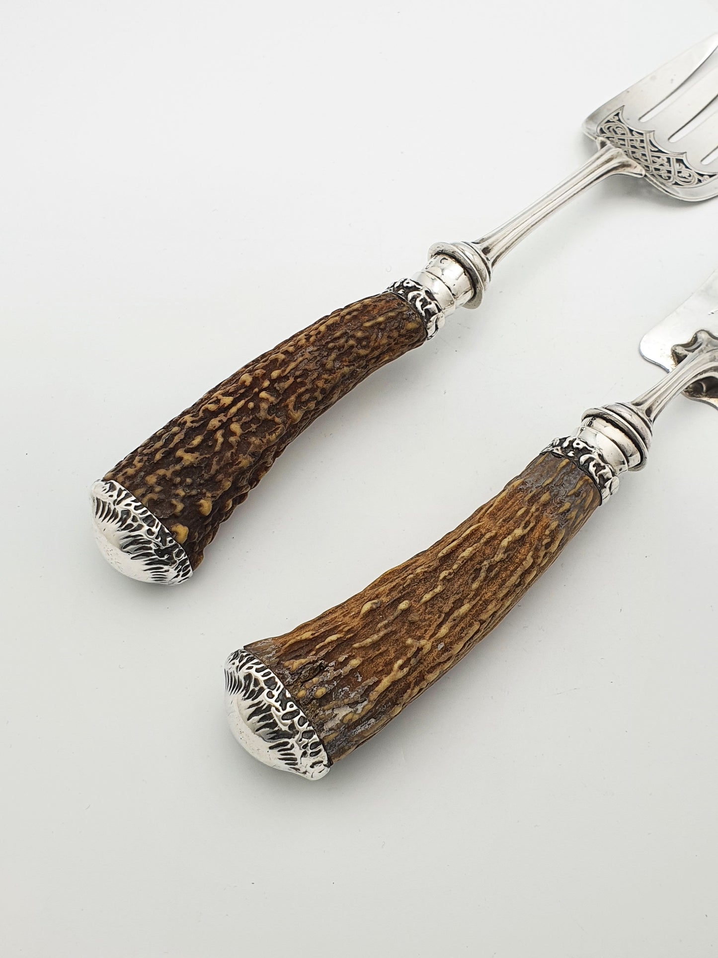 Fabulous Antique Victorian Solid Silver Fish Serving Set with Stag Antler Handles - 1887