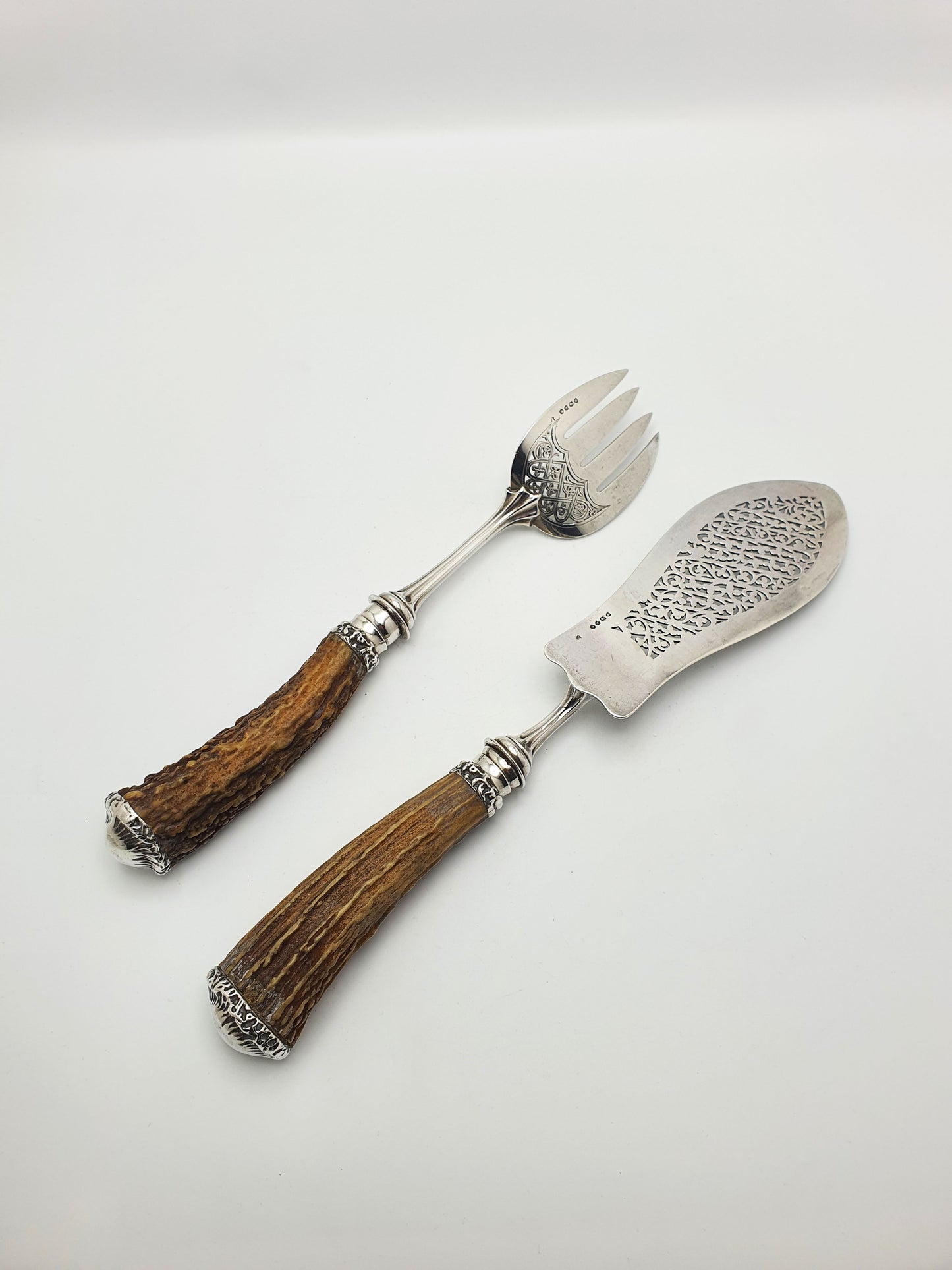 Fabulous Antique Victorian Solid Silver Fish Serving Set with Stag Antler Handles - 1887