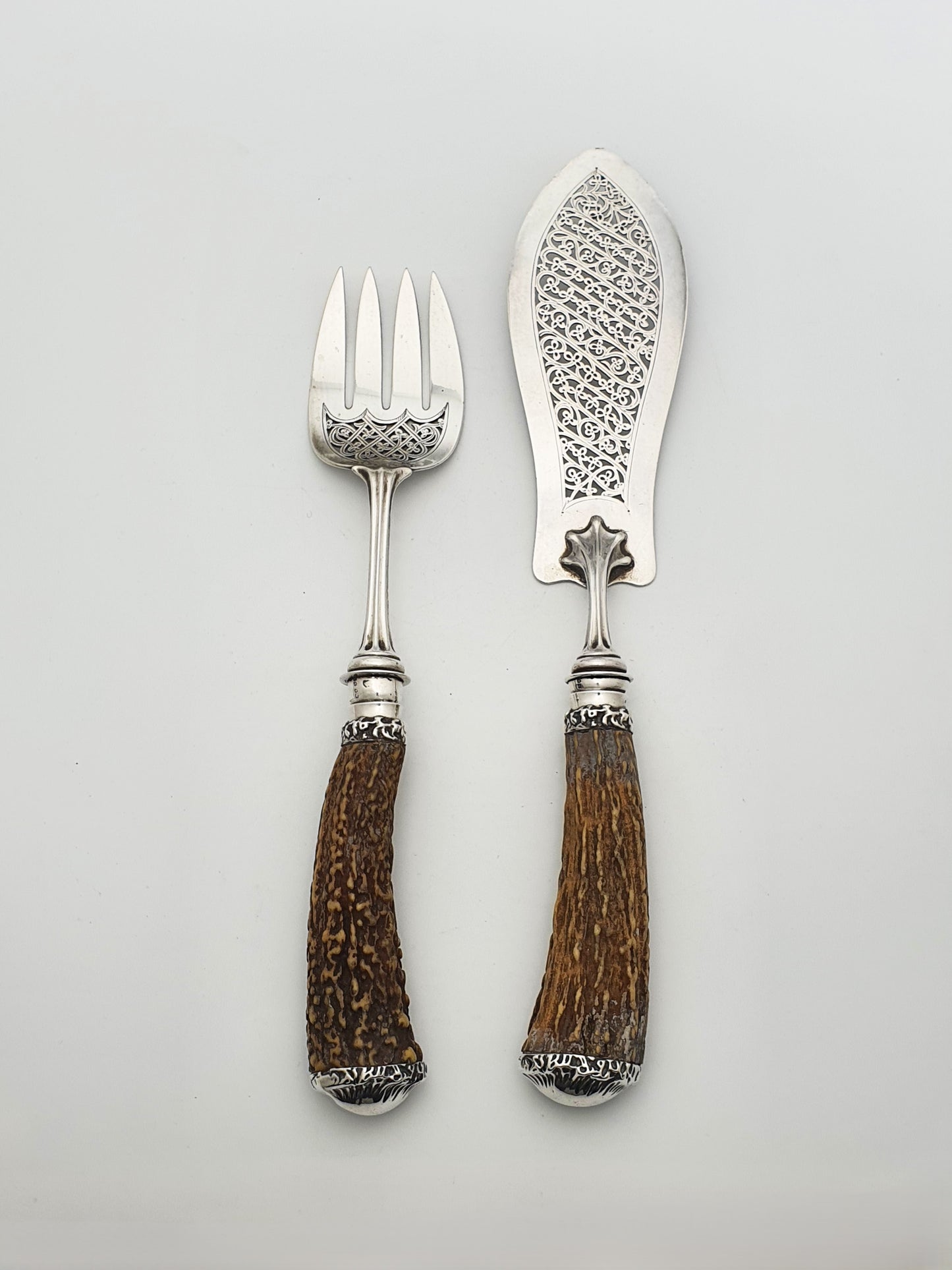 Fabulous Antique Victorian Solid Silver Fish Serving Set with Stag Antler Handles - 1887