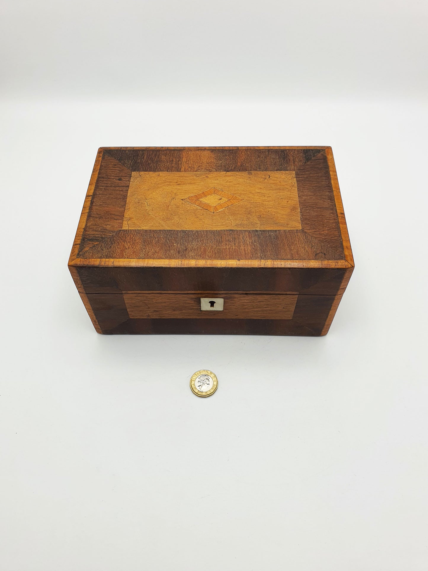 Lovely Antique Victorian Wooden Jewellery / Trinket Box with Inlay & Satin Lining – circa 1880