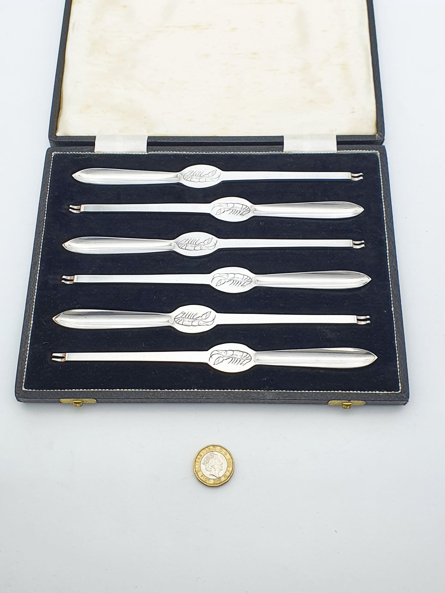 Lovely Cased Set of 6 Antique Silver-Plated Lobster Picks – circa 1920