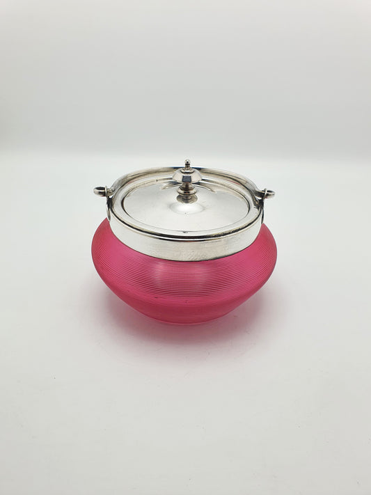 Nice Antique Edwardian Cranberry Glass Biscuit Barrel with Silver-Plated Mounts – circa 1905