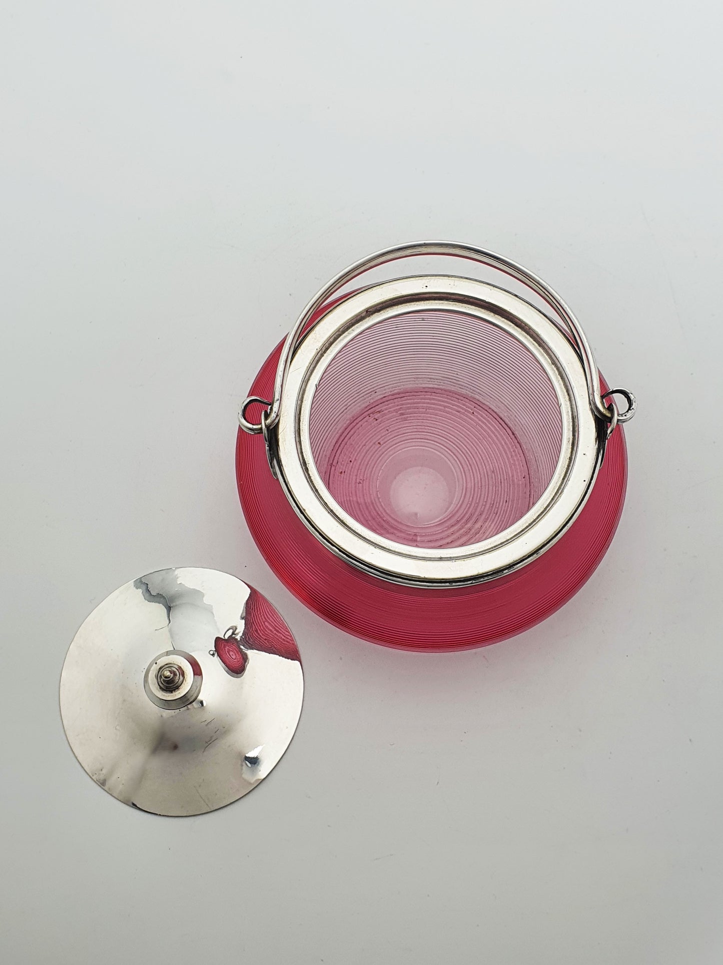 Nice Antique Edwardian Cranberry Glass Biscuit Barrel with Silver-Plated Mounts – circa 1905
