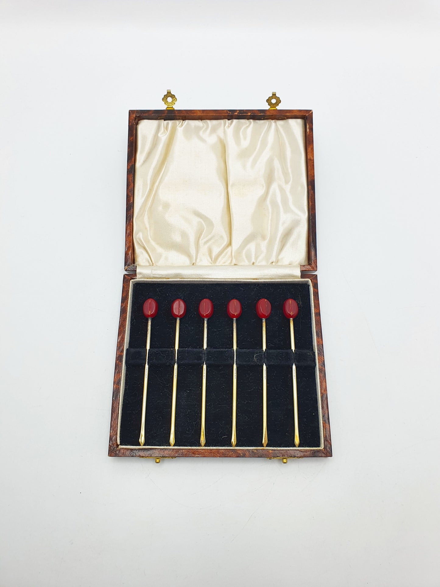 Lovely Boxed Set of Six Antique Silver Gilt & Cherry Red Bakelite Cocktail Sticks – circa 1920