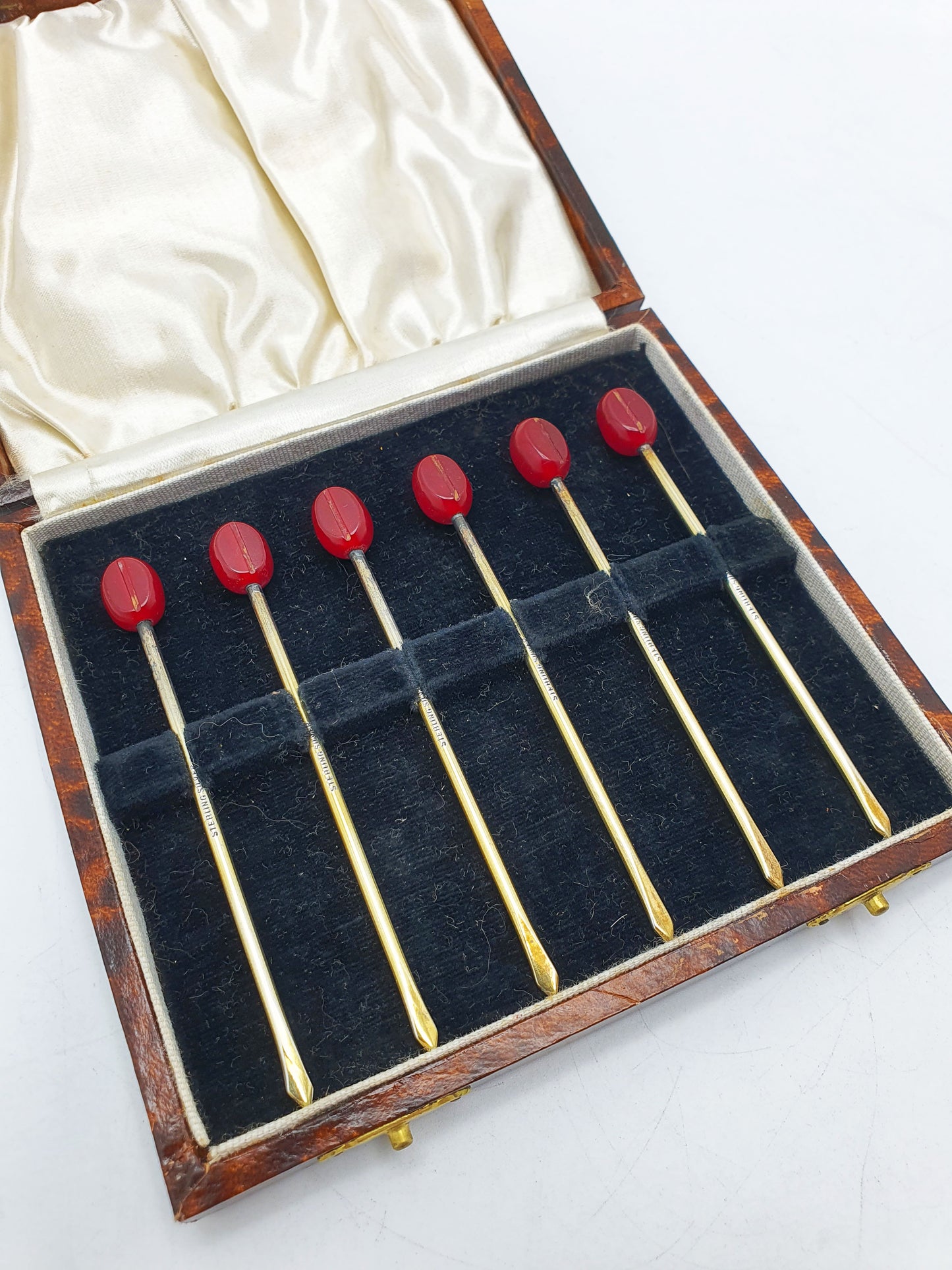 Lovely Boxed Set of Six Antique Silver Gilt & Cherry Red Bakelite Cocktail Sticks – circa 1920