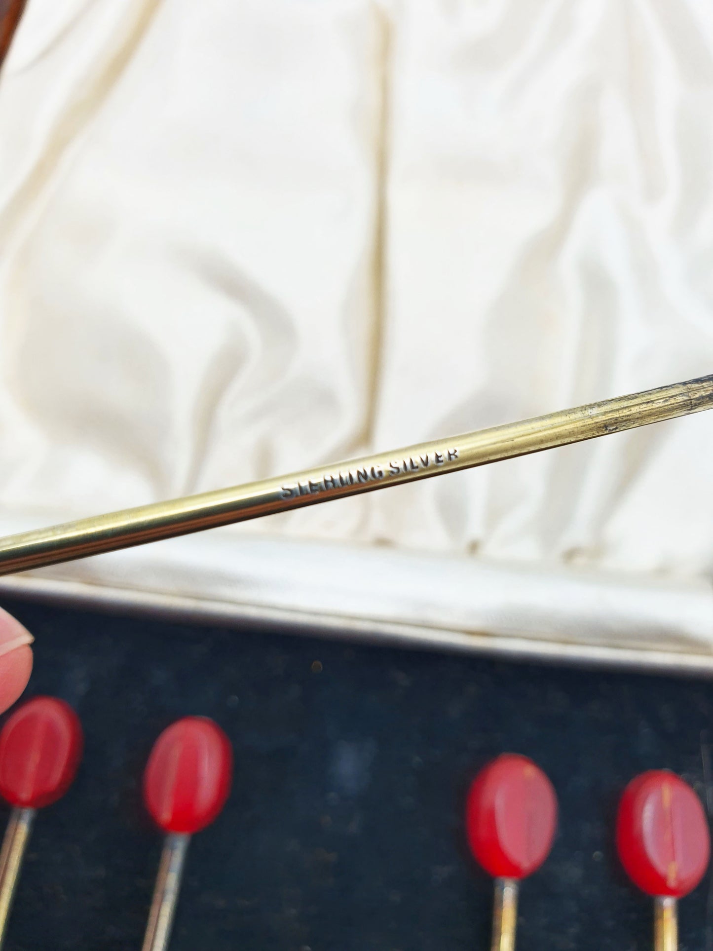 Lovely Boxed Set of Six Antique Silver Gilt & Cherry Red Bakelite Cocktail Sticks – circa 1920